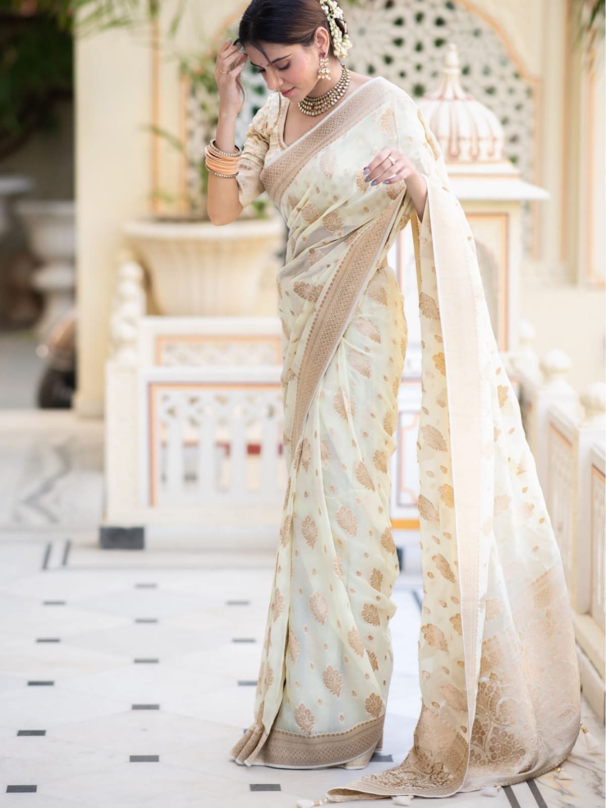 Banarasi handloom khadi georgette silk saree all over beautiful water zari weaving work any color possible