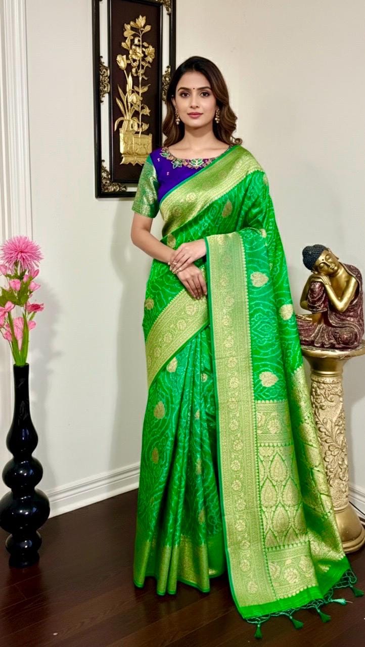 Beautiful cocktail dual shade banarasi  bandhini silk saree paired up pretty maggam blouse fits  sizes 32 -46 ready to wear prettiest blouse