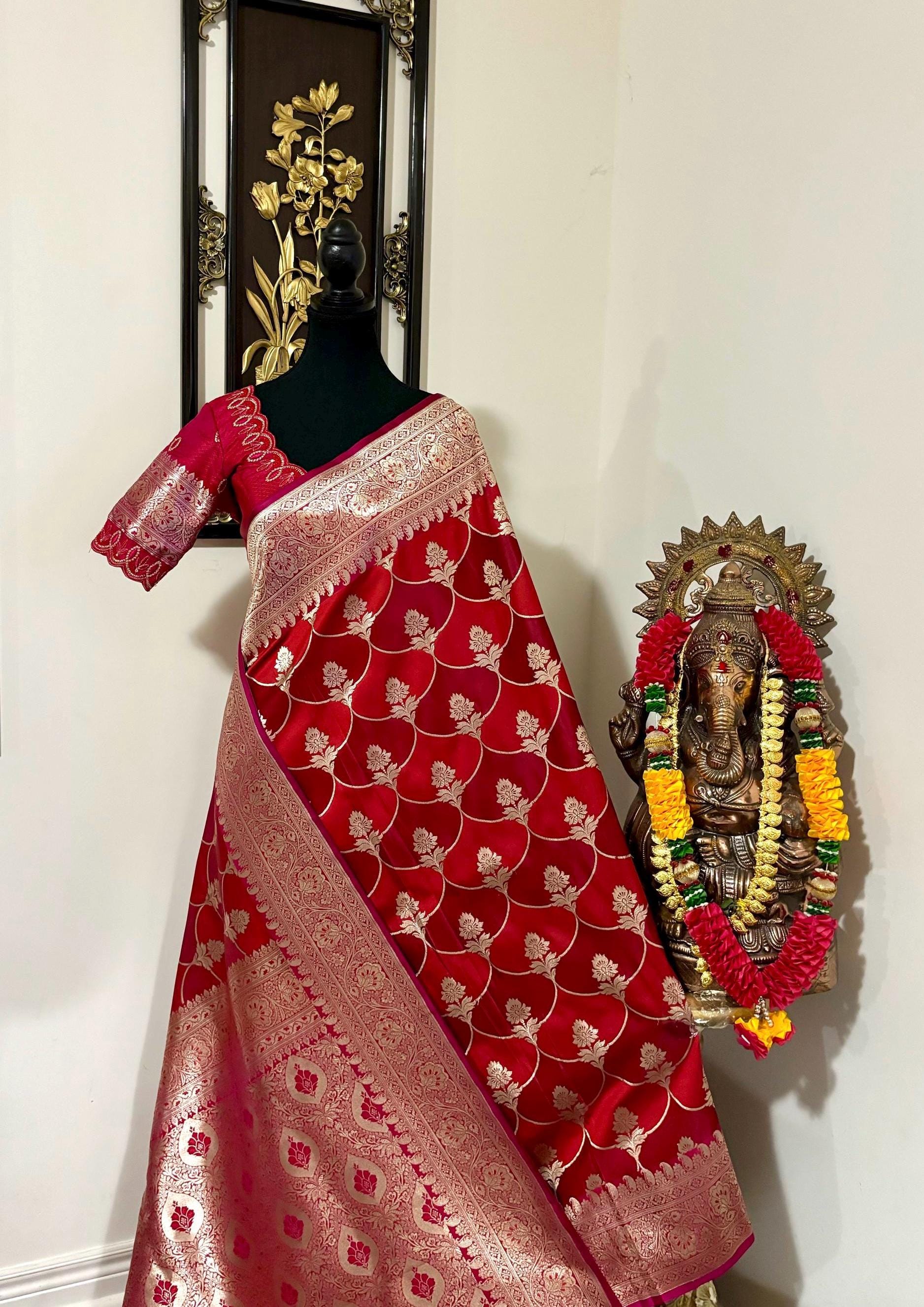 Pure silk  banarasi silk saree paired up with beautiful embroidery blouse fits to 32 to 46 in beautiful rare colors all over jaal. Cocktails