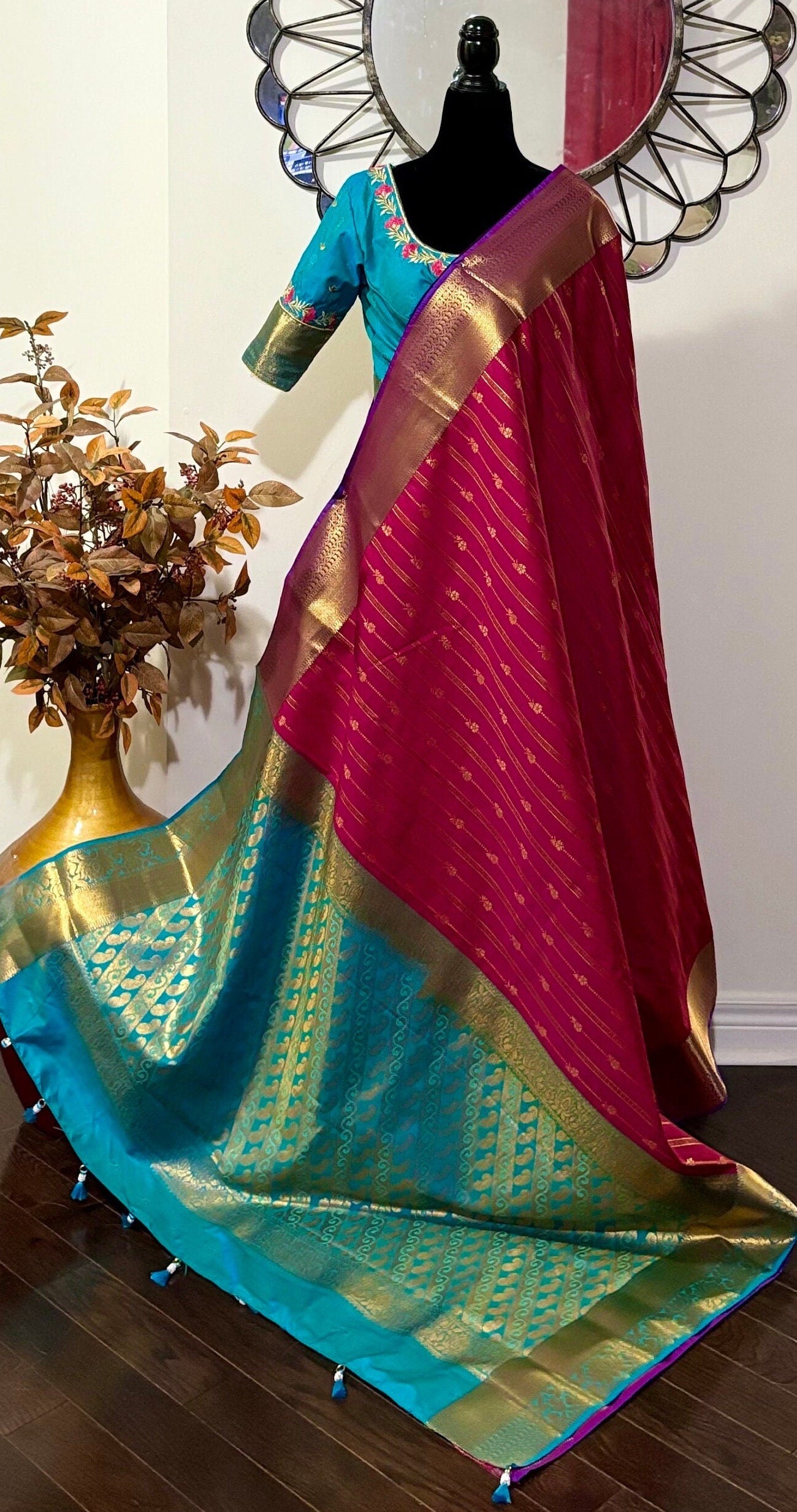 Kanchipuram soft silk saree in rarecolors with beautifully done hand  made embroidered blouse with readytowear work blouse fitsup to32 to 46