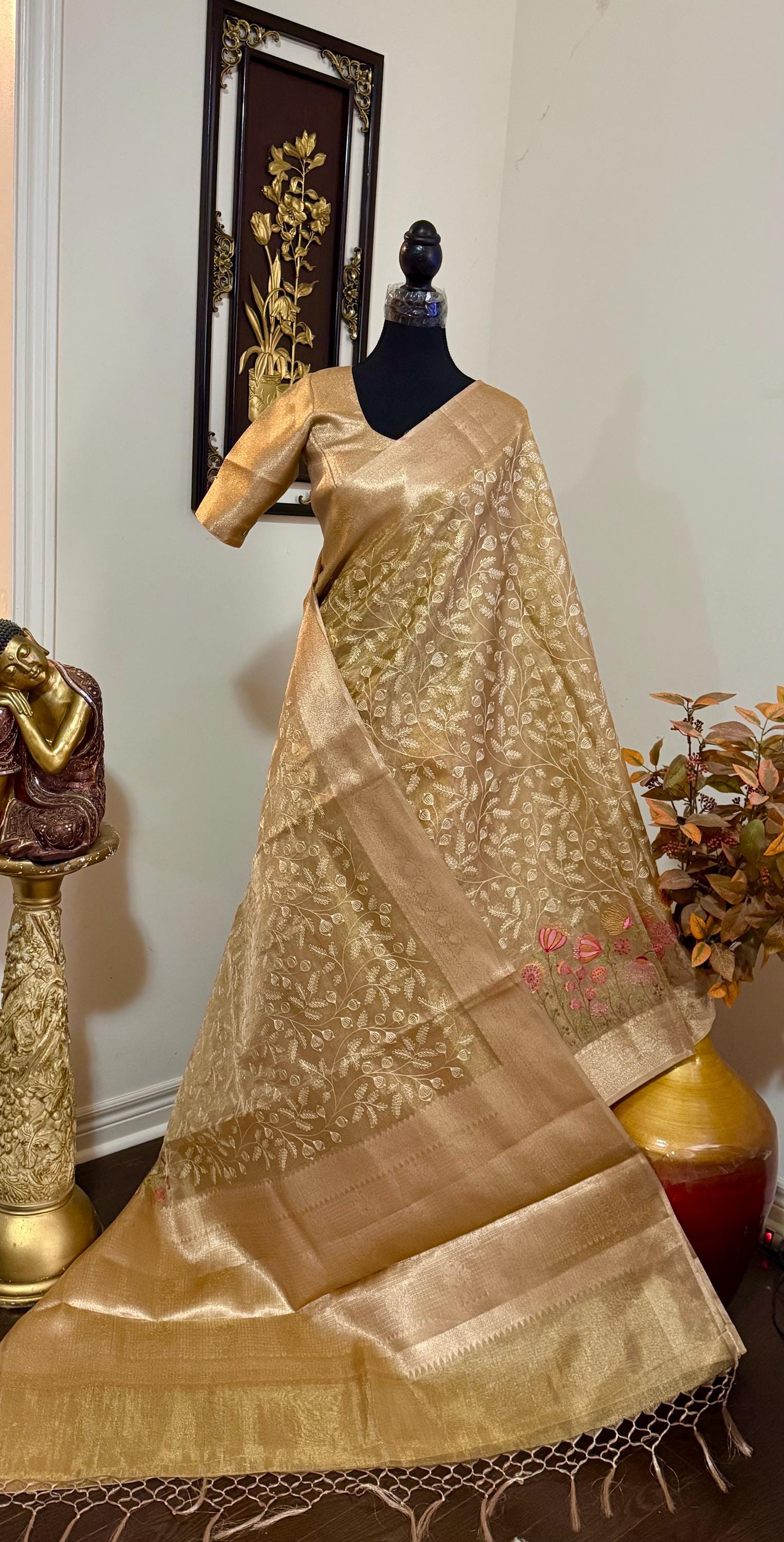 Beautiful gold tissue silk saree with all over embroidered floral design all over saree ready to wear designer blouse fits to 32-46