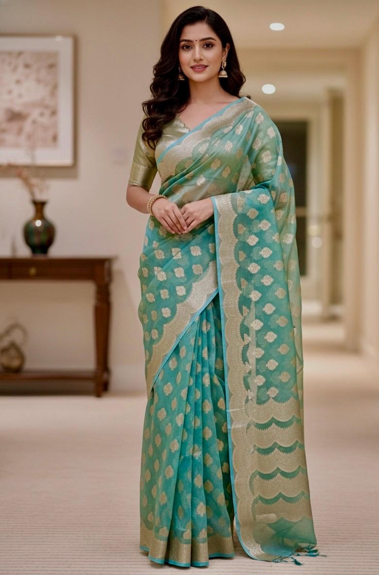 Beautiful party wear cocktail pure silk  banarasi  tissue  saree paired up with pretty designer Blouse fits 32-46