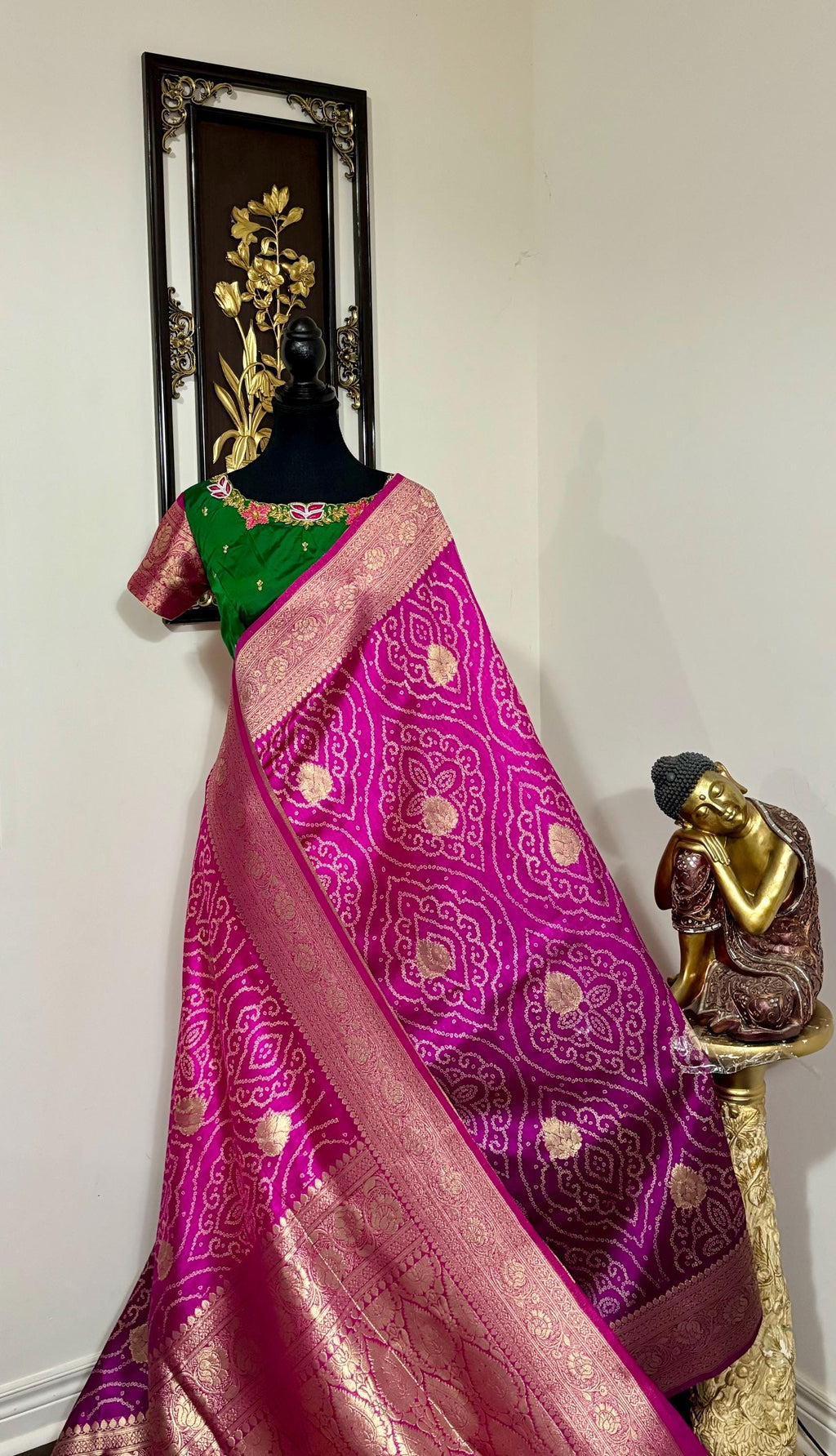 Beautiful cocktail dual shade banarasi  bandhini silk saree paired up pretty maggam blouse fits  sizes 32 -46 ready to wear prettiest blouse