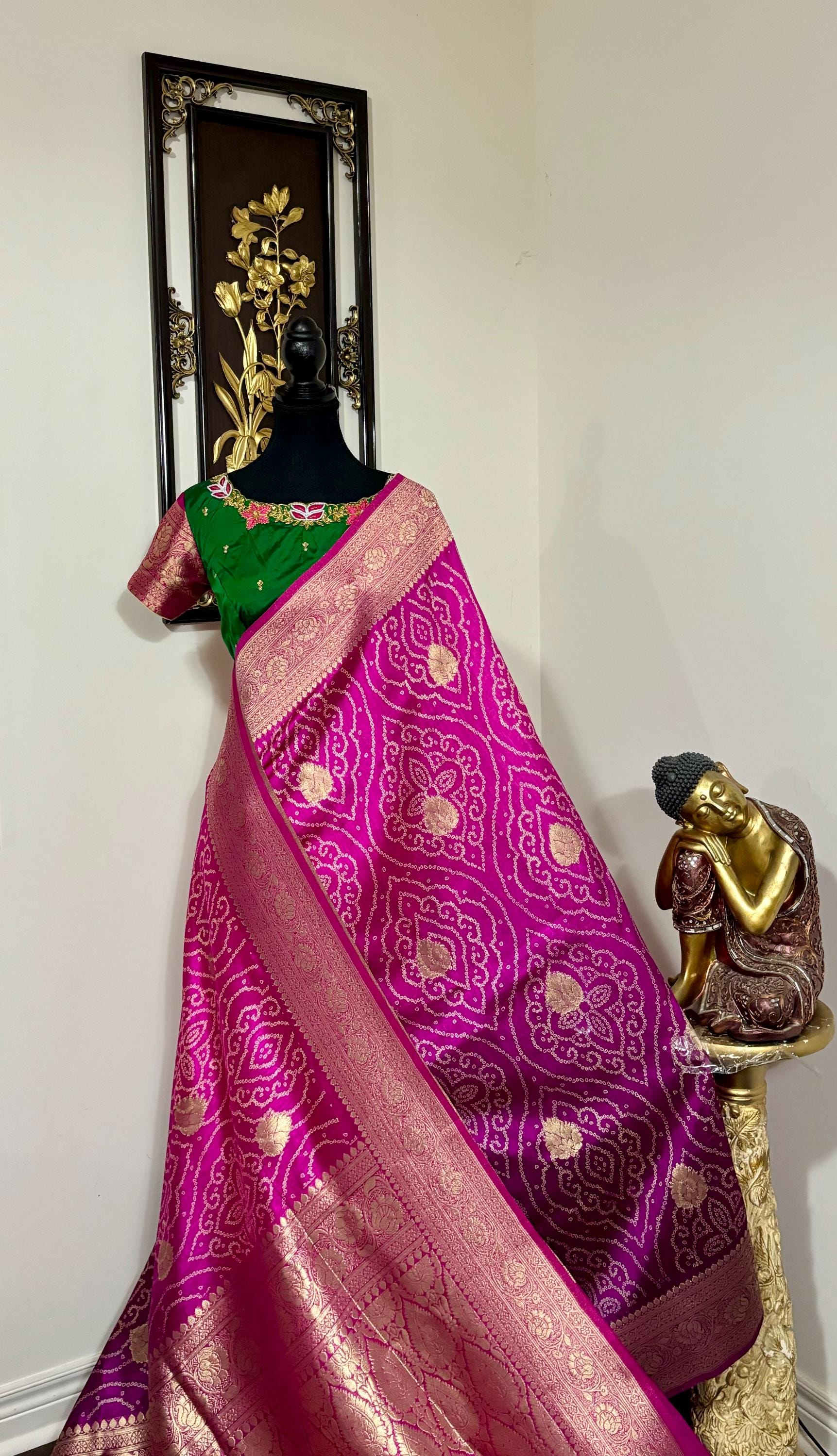 Beautiful cocktail dual shade banarasi  bandhini silk saree paired up pretty maggam blouse fits  sizes 32 -46 ready to wear prettiest blouse