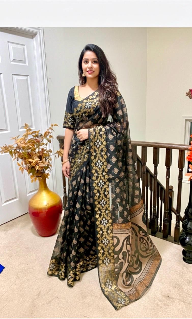 Banarsi fancy beautiful kora organza double zari silk saree/ Black beauty is with ready to wear designer blouse fits to 32 to 40