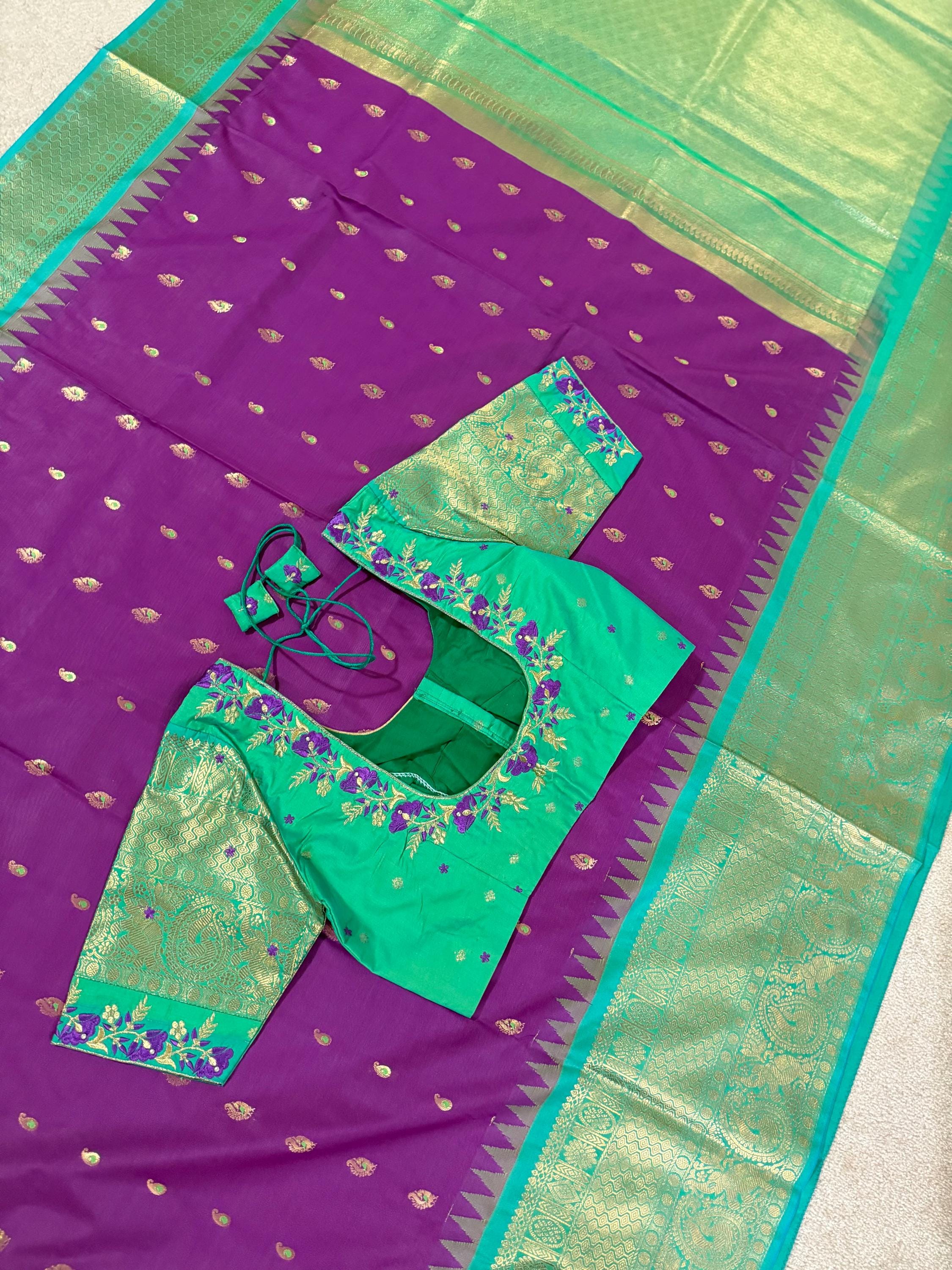 Gadwal Handloom pure silk sarees in rare colors and ready to wear blouse with embroidered blouse fits up to 32 -46 saree is ready fall pico