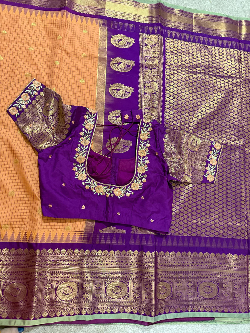Gadwal Handloom pure silk sarees in rare colors and ready to wear blouse with embroidered blouse fits up to 32 -46 saree is ready fall pico