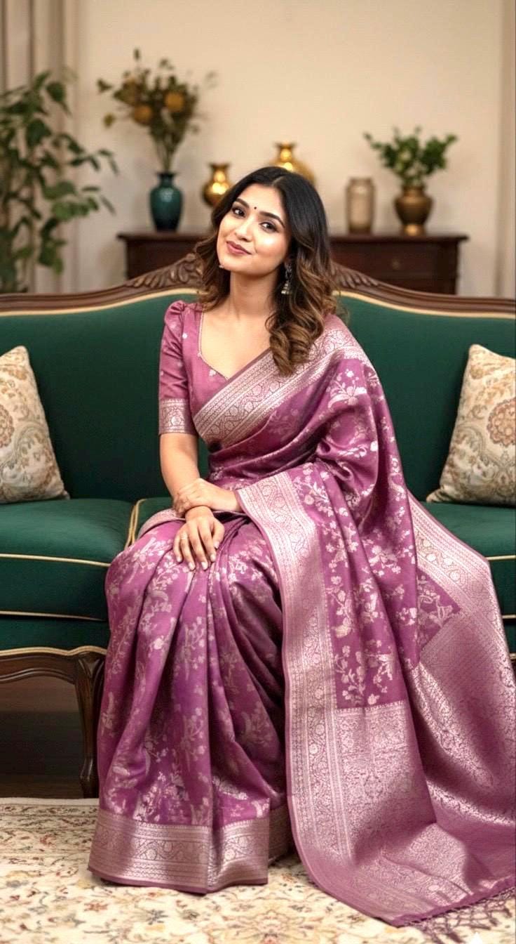 Beautiful banarasi saree with silver Zari weaving all over the saree paired up with pretty ready to wear  blouse that fits to 32 to 46