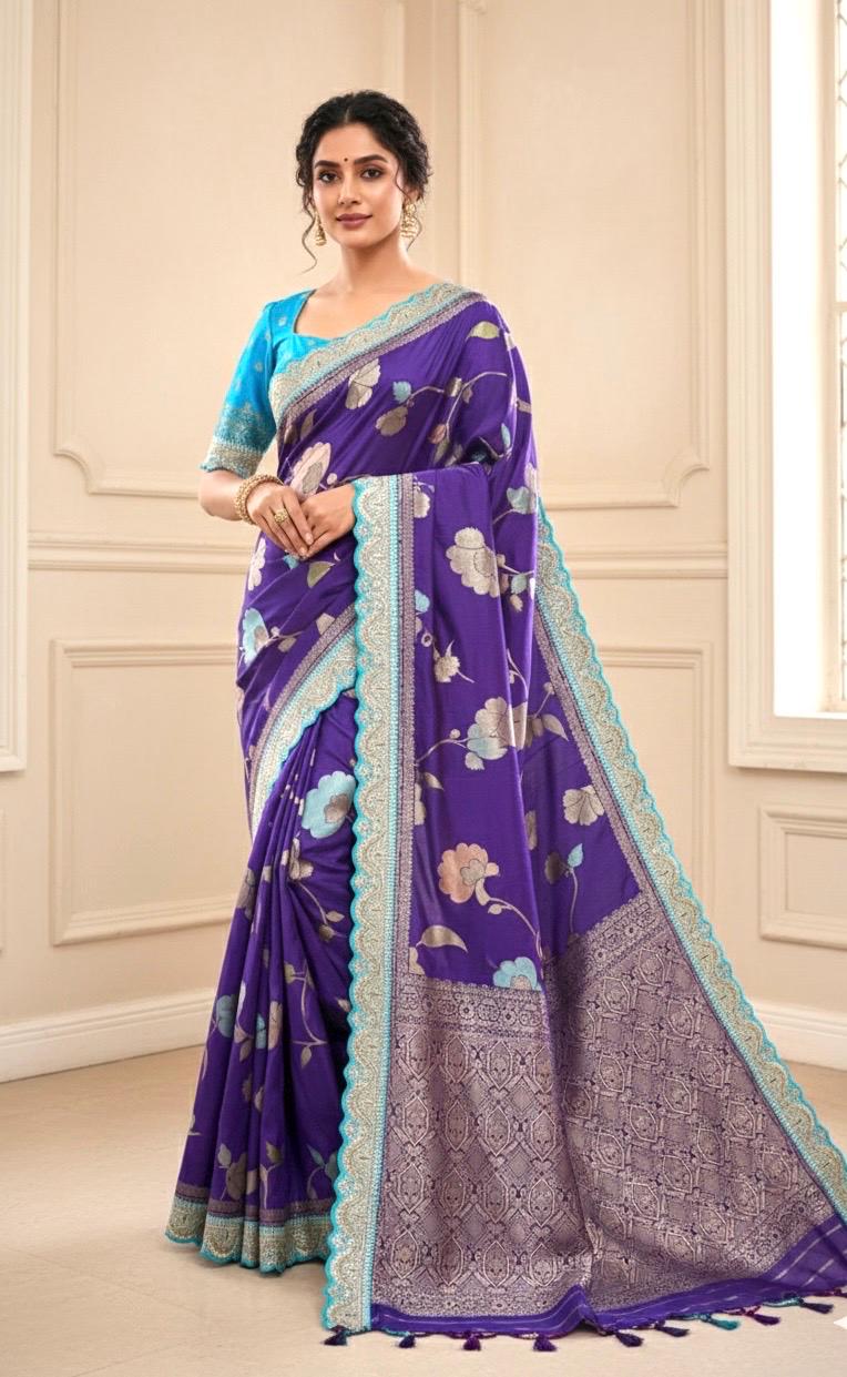 Pure banarasi kattan Pattu saree with flower weaving on all over thesareeweaving border on either sideRich & elegant weaving pallu as shown
