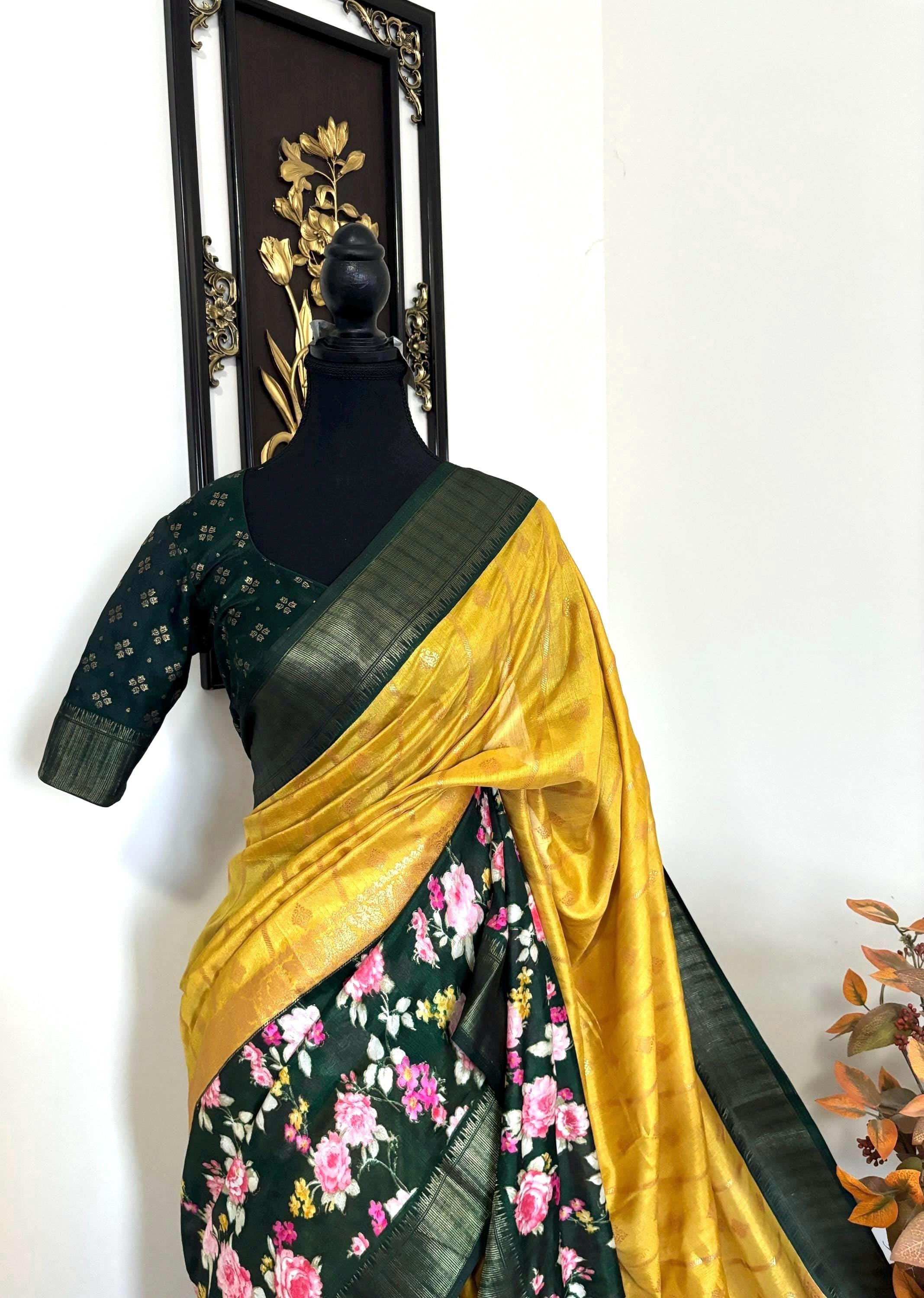 Light weight easy to drape Soft Silk fancy Saree; with beautiful pythani boarder, with Pochampalli design ready to wear Blouse fits 32-46