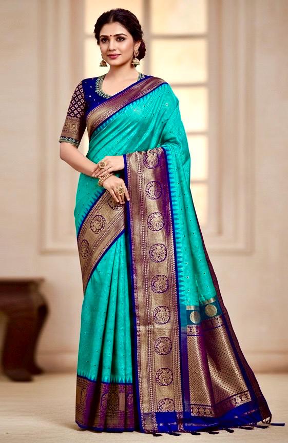 Gadwal Handloom pure silk sarees in rare colors and ready to wear blouse with embroidered blouse fits up to 32 -46 saree is ready fall pico