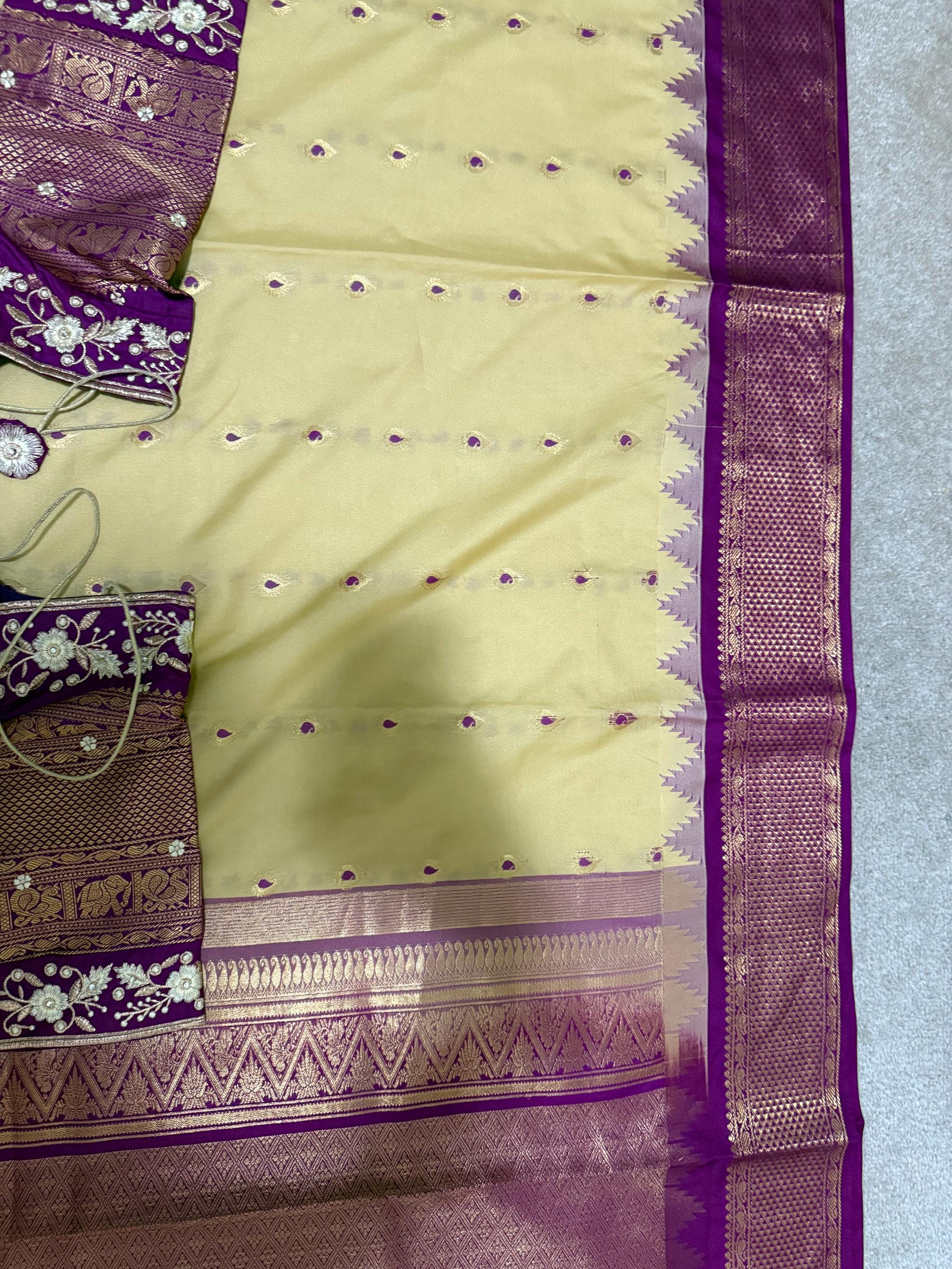 Gadwal  fancy powerloom pure silk sarees ready to wear blouse with embroidered blouse fits up to 32 -46 saree is ready fall pico done