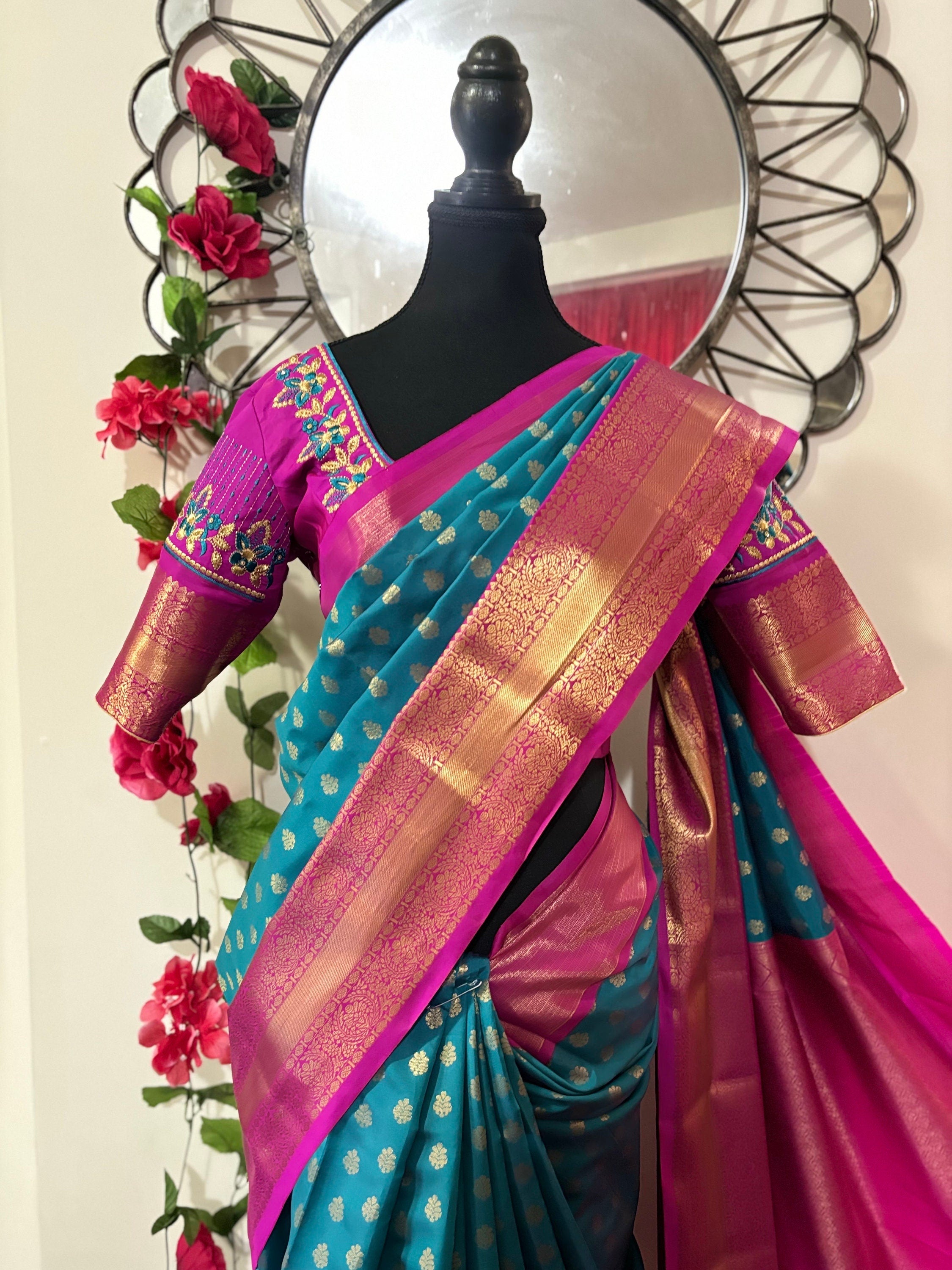 Kanchipuram soft silk saree in rare colors with beautifully done hand  made embroidered blouse with ready to wear work blouse fits 32 to 46