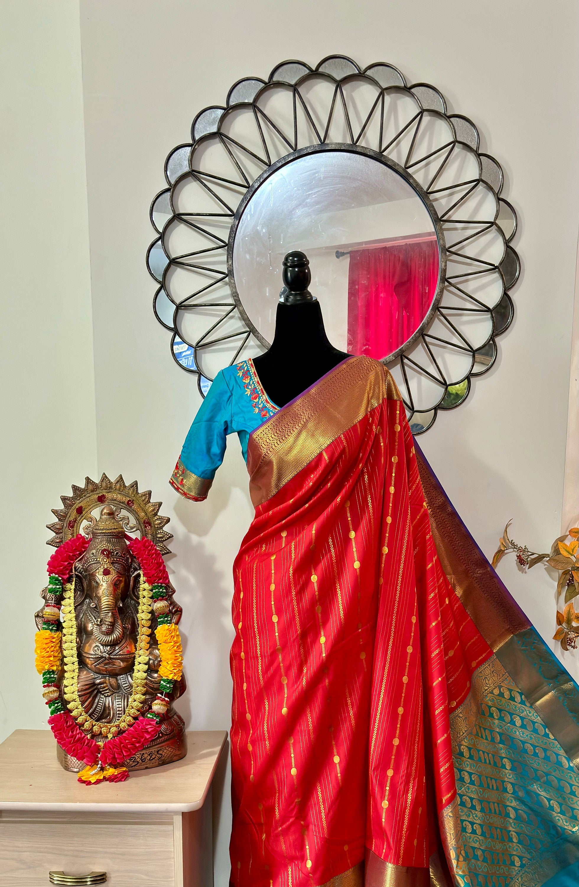 Kanchipuram soft silk saree in rarecolors with beautifully done hand  made embroidered blouse with readytowear work blouse fitsup to32 to 46