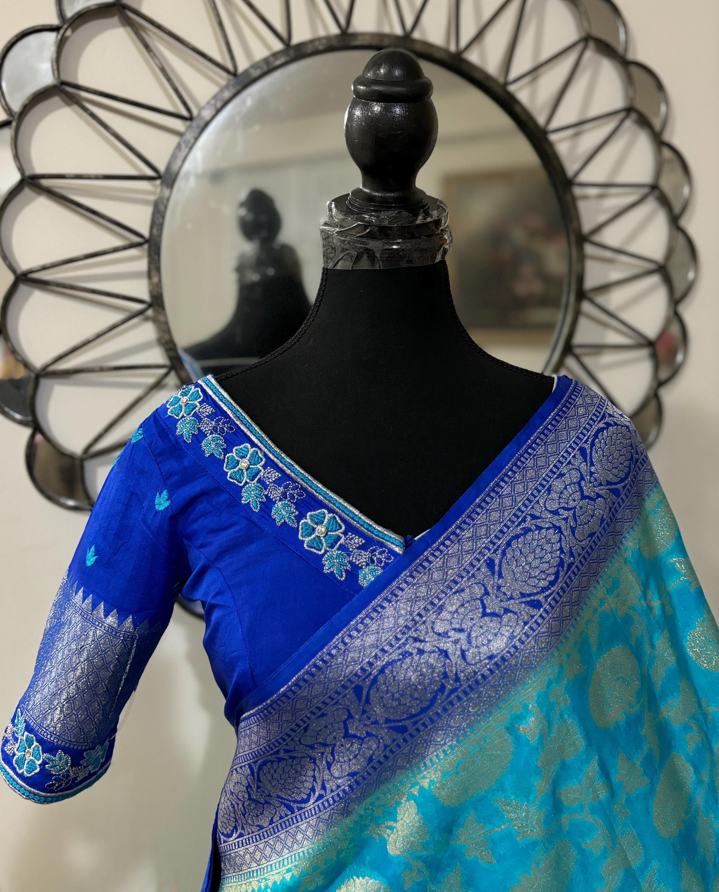 Beautiful banarasi silk saree paired up with beautiful embroidery blouse fits to 32 to 46 in beautiful rare colors all over jaal. Cocktails