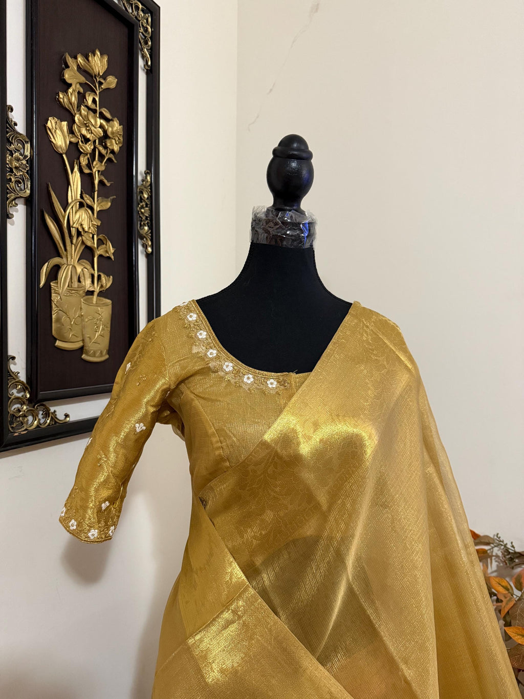 Banarasi double shades golden  tissue saree with self weaving stripes  on all over with beautifully done work blouse fits 32 to 46