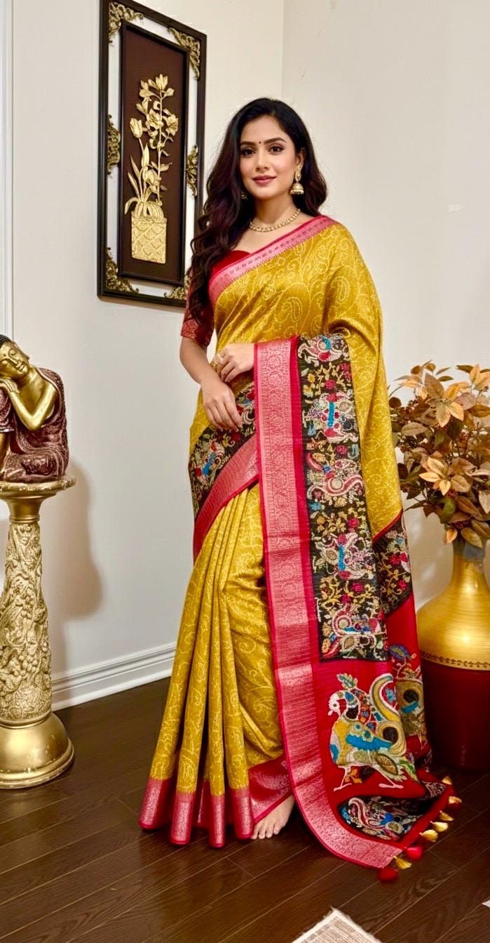Beautiful Light weight Emarald silk saree  with Kanchi boarder  Bhandini prints ready blouse fits 32 to 46 with beautiful color combo