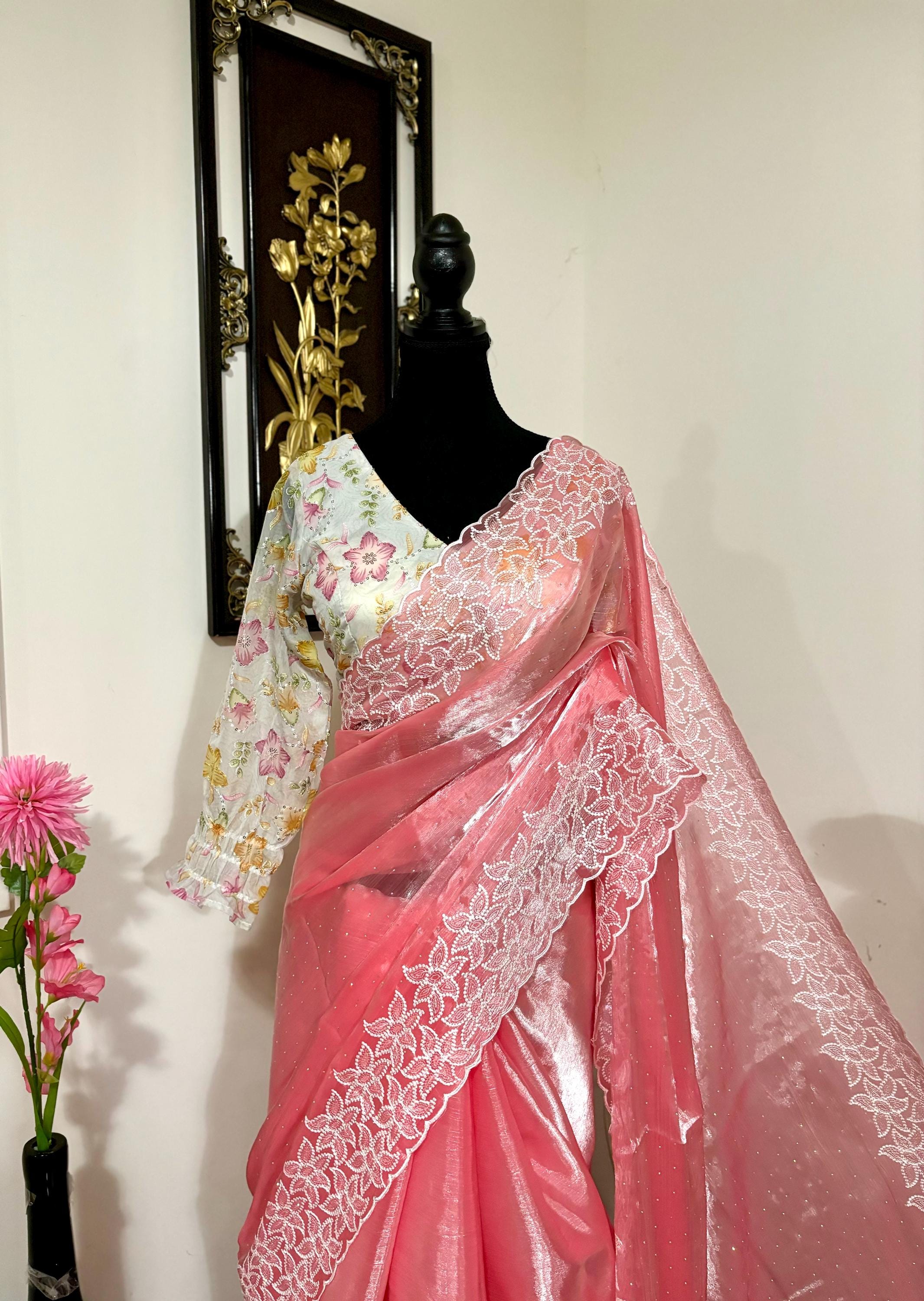 Beautiful shimmer georgett handloom georgette silk saree all over beautiful pearl and thread  weaving and beautiful boarder ready blouse
