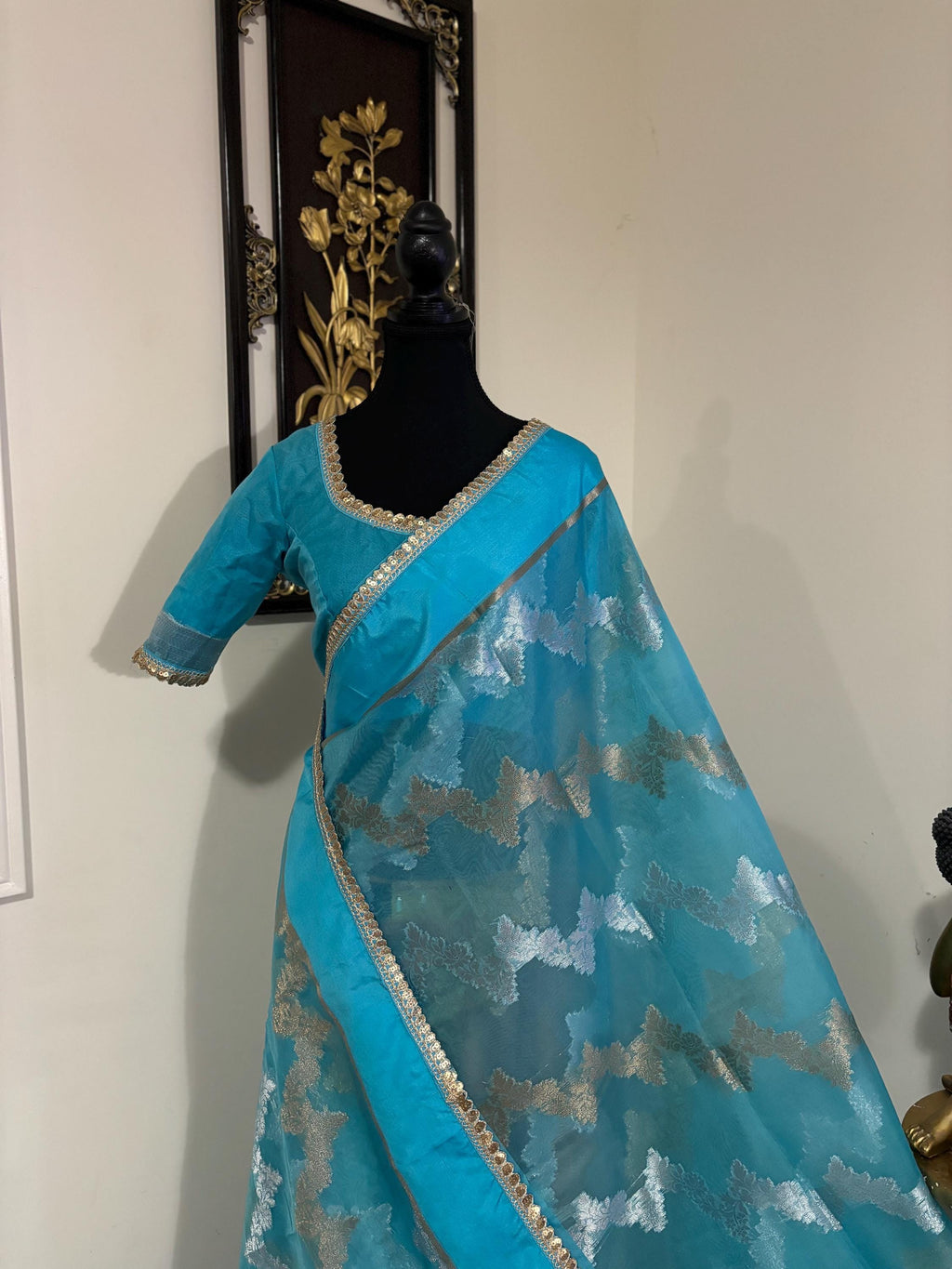 Banarsi fancy beautiful kora organza double zari silk saree very soft ant flowy ready to wear designer blouse fits 32-46  eye cooling shades