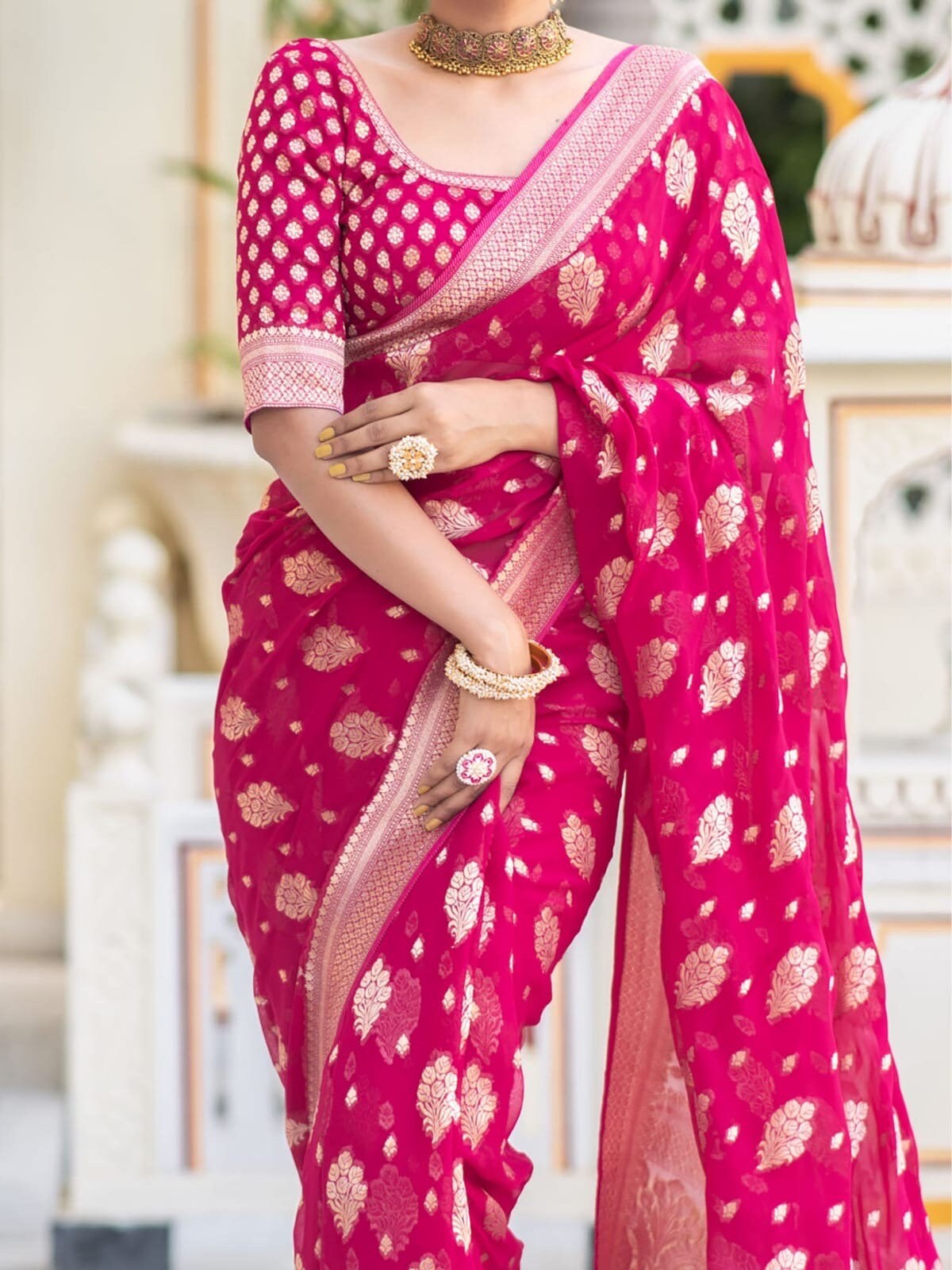 Banarasi handloom khadi georgette silk soft falling saree all over beautiful water zari weaving work any color possible ready to wear blouse
