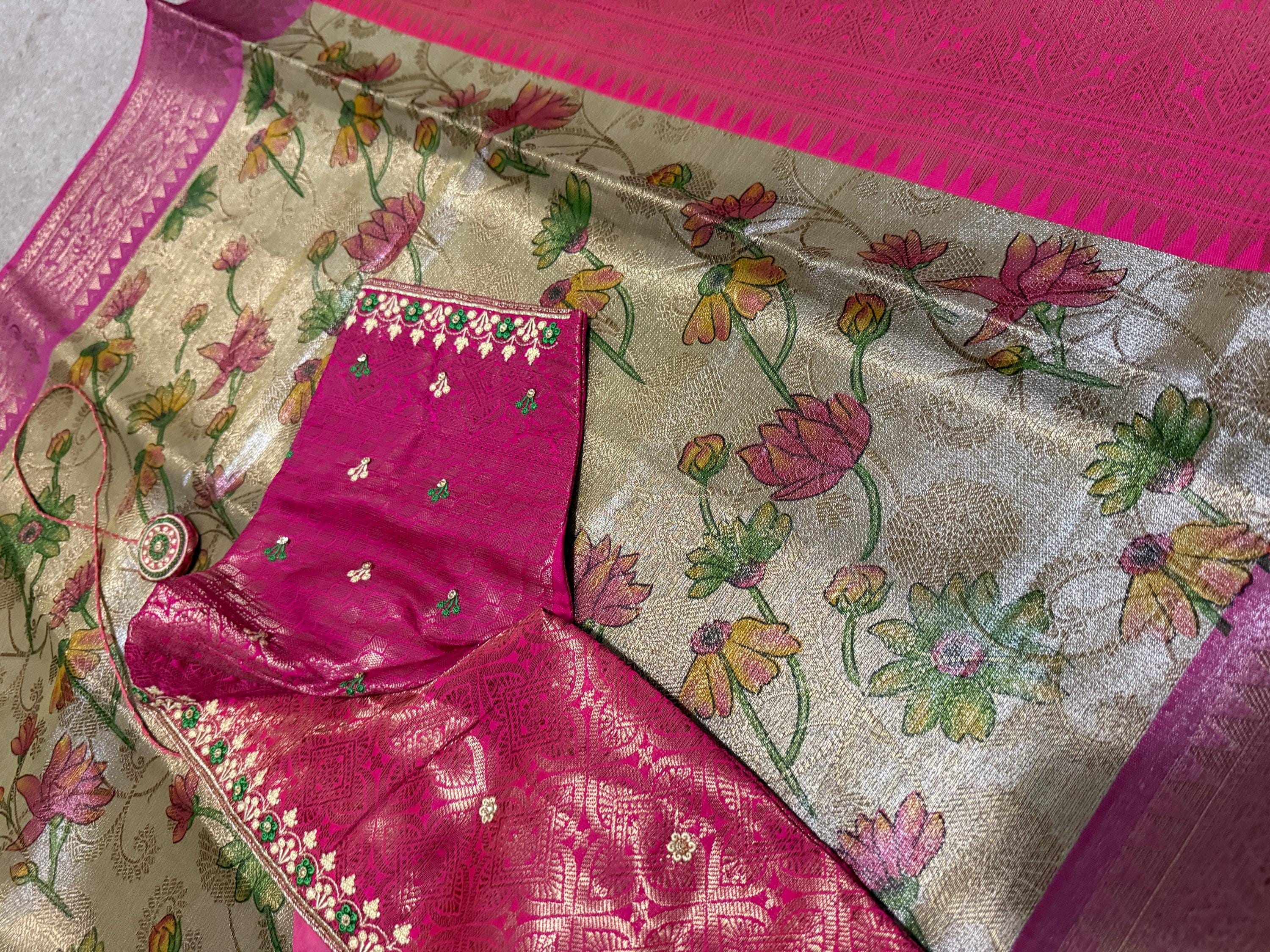 Kanchipuram kalamkari   soft silk saree in rare colors with beautifull embroidered blouse with ready to wear work blouse fits 32 to 46