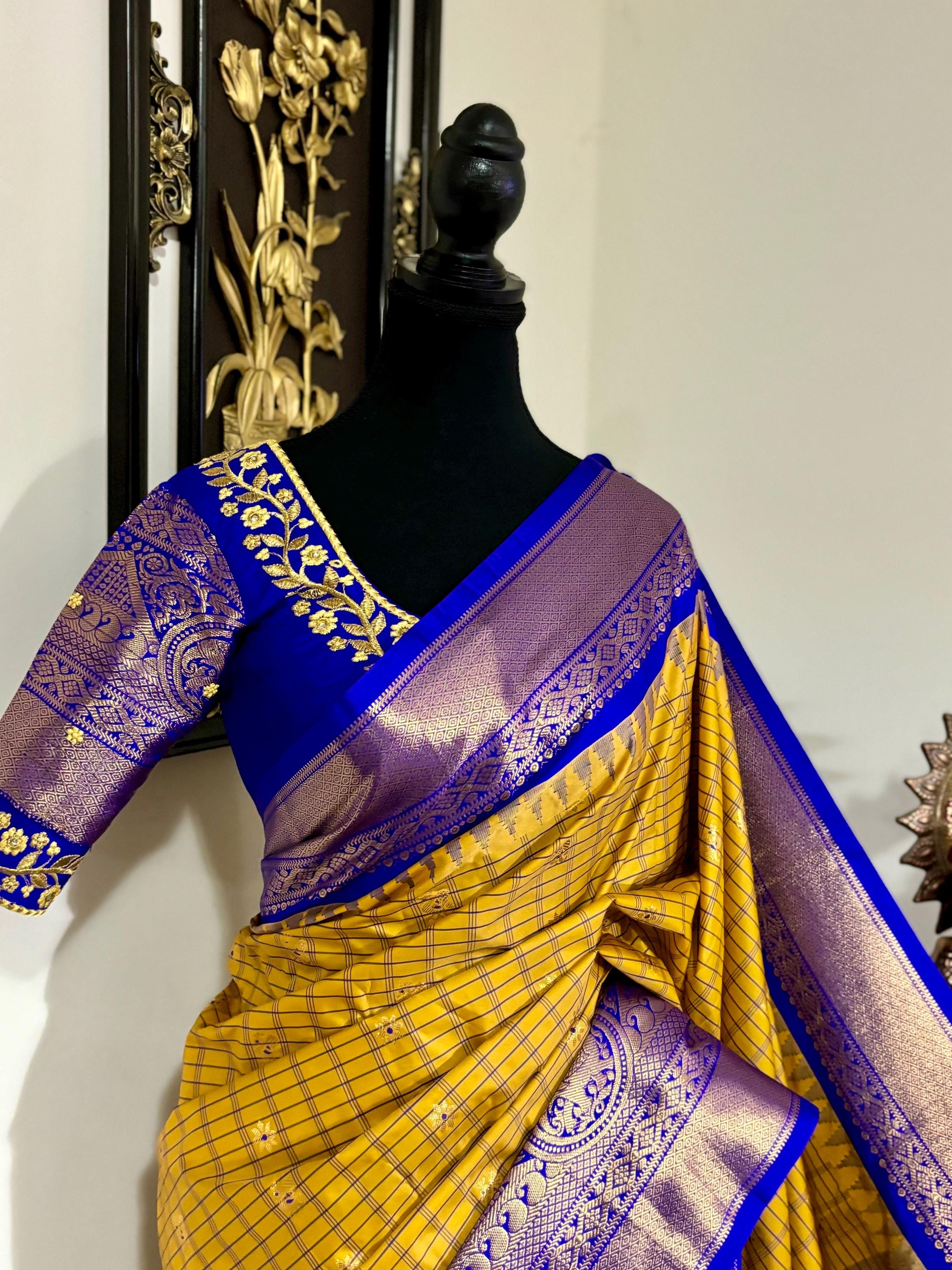 Gadwal Handloom pure silk sarees in rare colors and ready to wear blouse with embroidered blouse fits up to 32 -46 saree is ready fall pico