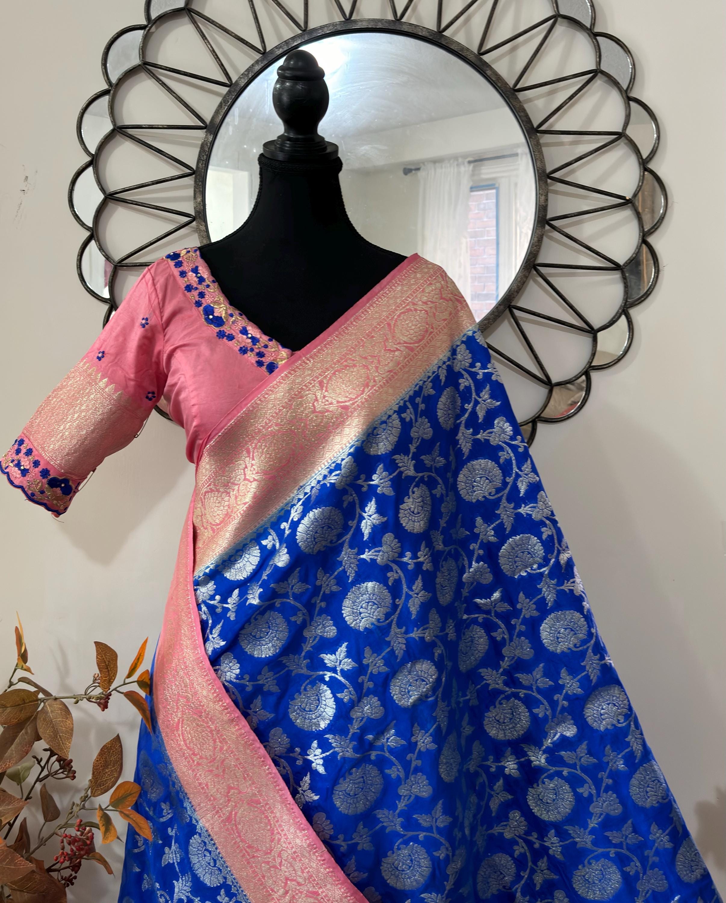 Beautiful banarasi silk saree paired up with beautiful embroidery blouse fits to 32 to 46 in beautiful rare colors all over jaal. Cocktails
