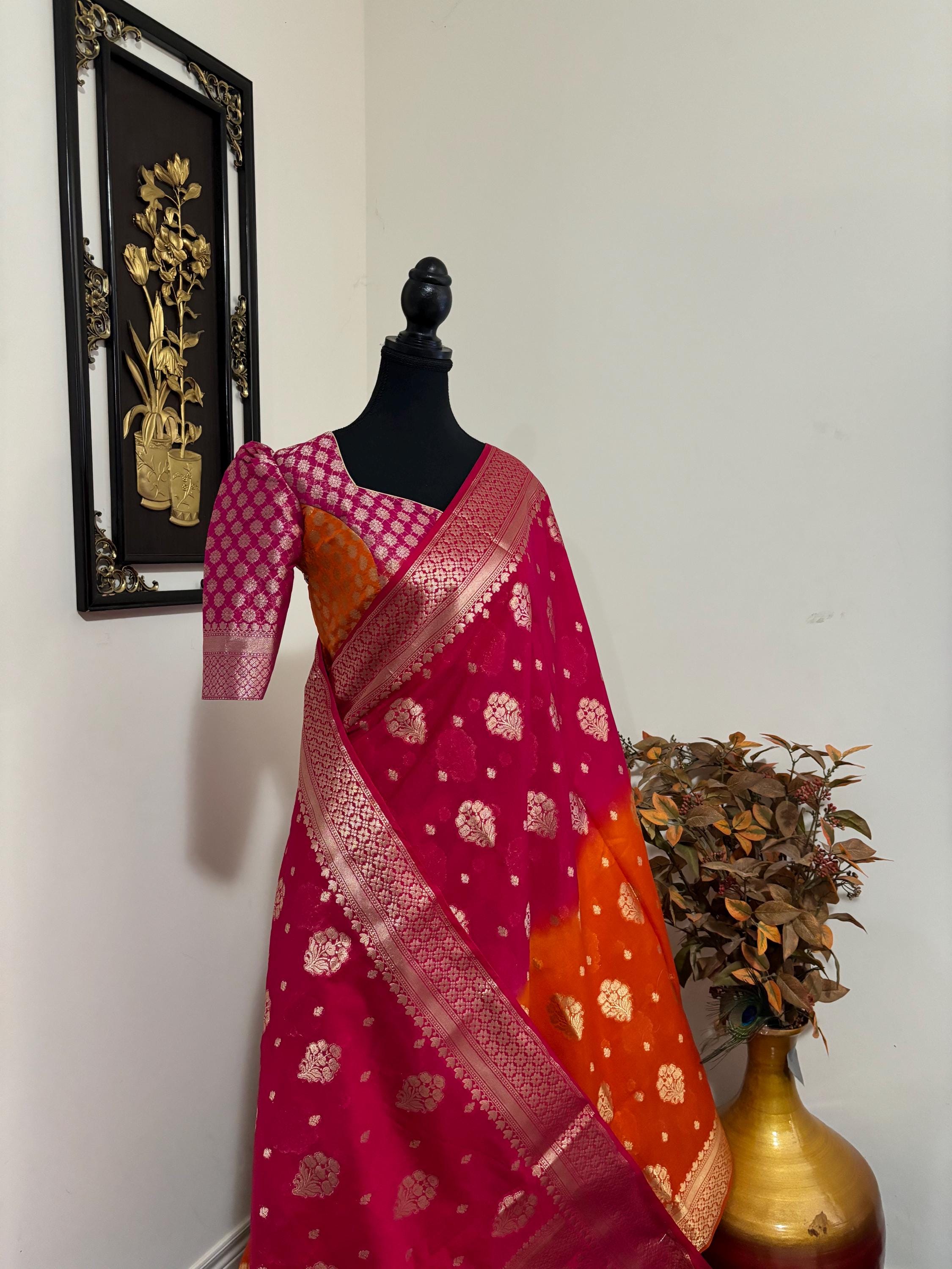 Beautiful Banarasi Dual shade  handloom khadi georgette silk saree all over beautiful water zari weaving work all over  32-46 Ready Blouse