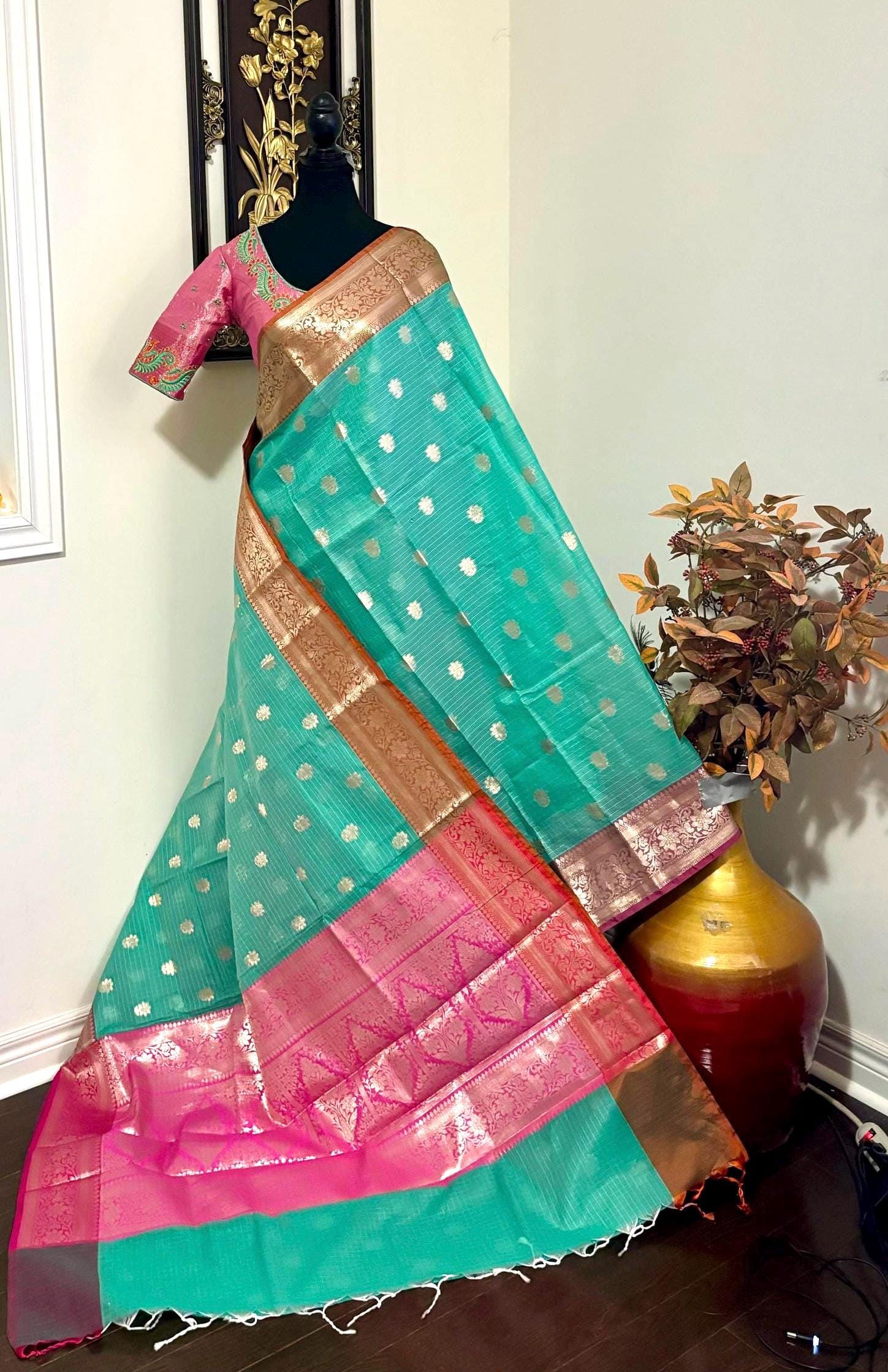 Beautiful Tissue Zari Kota saree with Kanchi  Zari boardes and beautifully done blouse paired up with pretty blouse fits up to 32 to 46