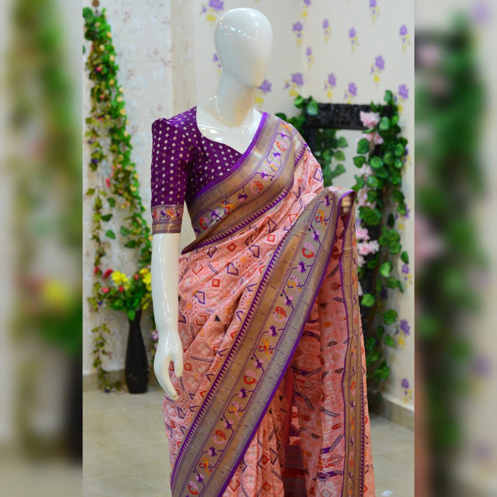 Beautiful patola paithani saree paired up with pretty banaras weaving blouse