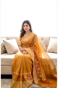 Banarasi  tissue saree with self weaving with beautifully embroidered boarder all over the saree in Golden shade rich weaving ready Blouse