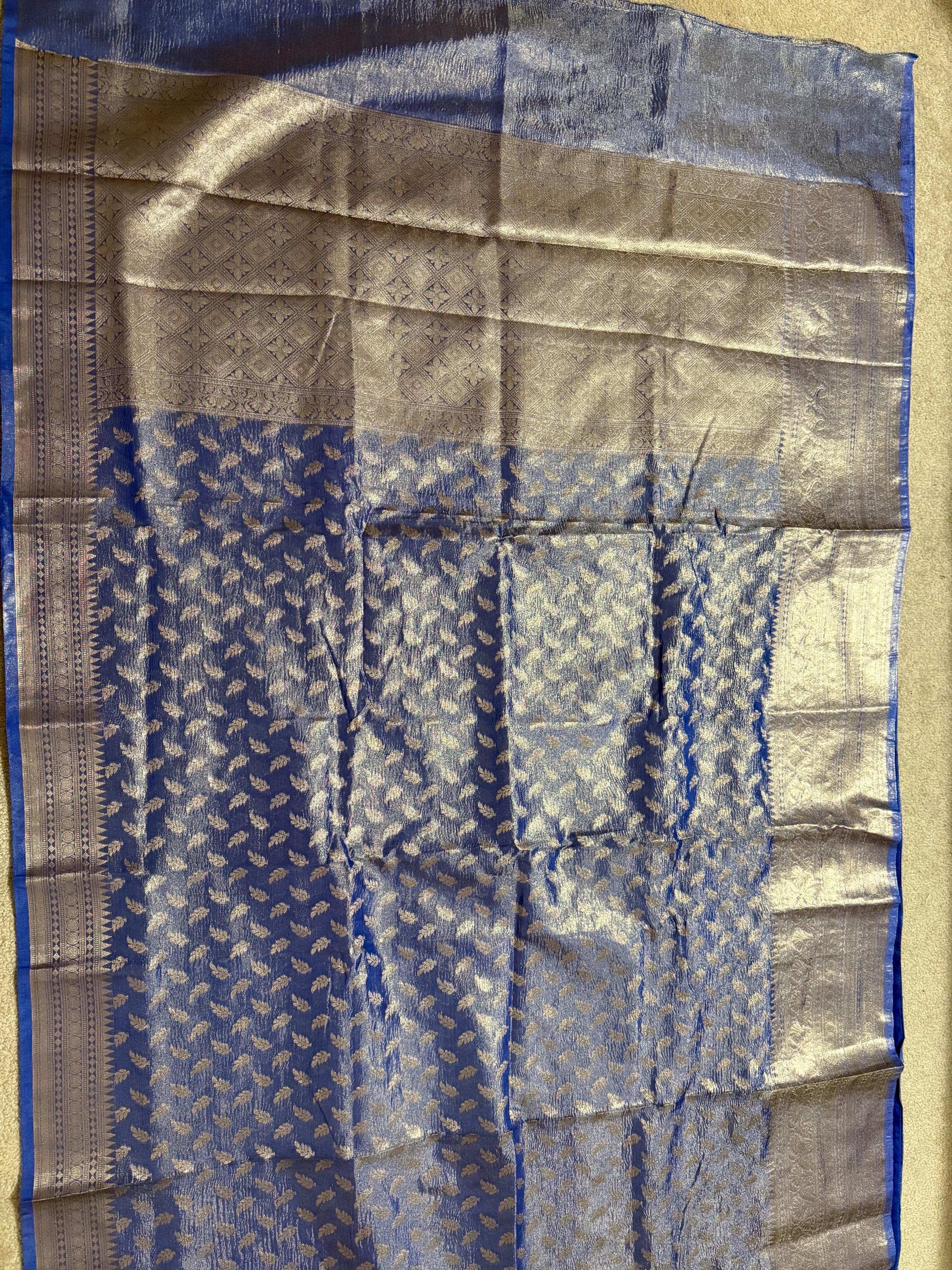 Beautiful party wear cocktail pure silk  banarasi crush tissue  saree paired up with pretty designer Blouse fits 32-46