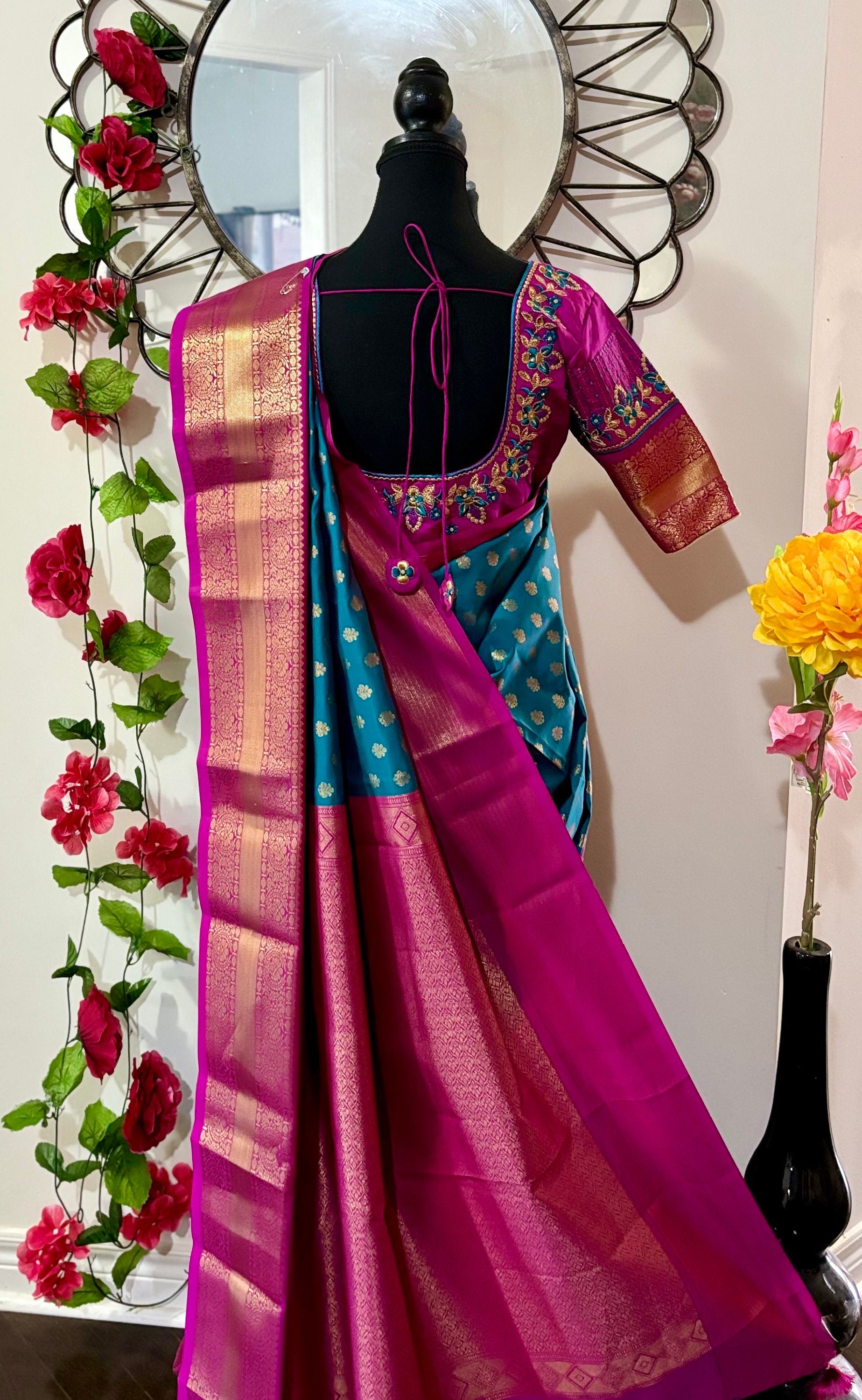 Kanchipuram soft silk saree in rare colors with beautifully done hand  made embroidered blouse with ready to wear work blouse fits 32 to 46