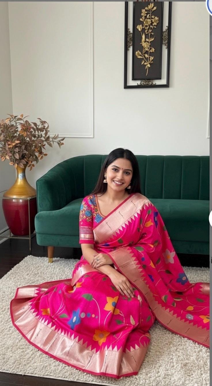 Beautiful pythani pure silk saree with all over floral design  ready to wear Maggam work blouse fit up to 32 to 46