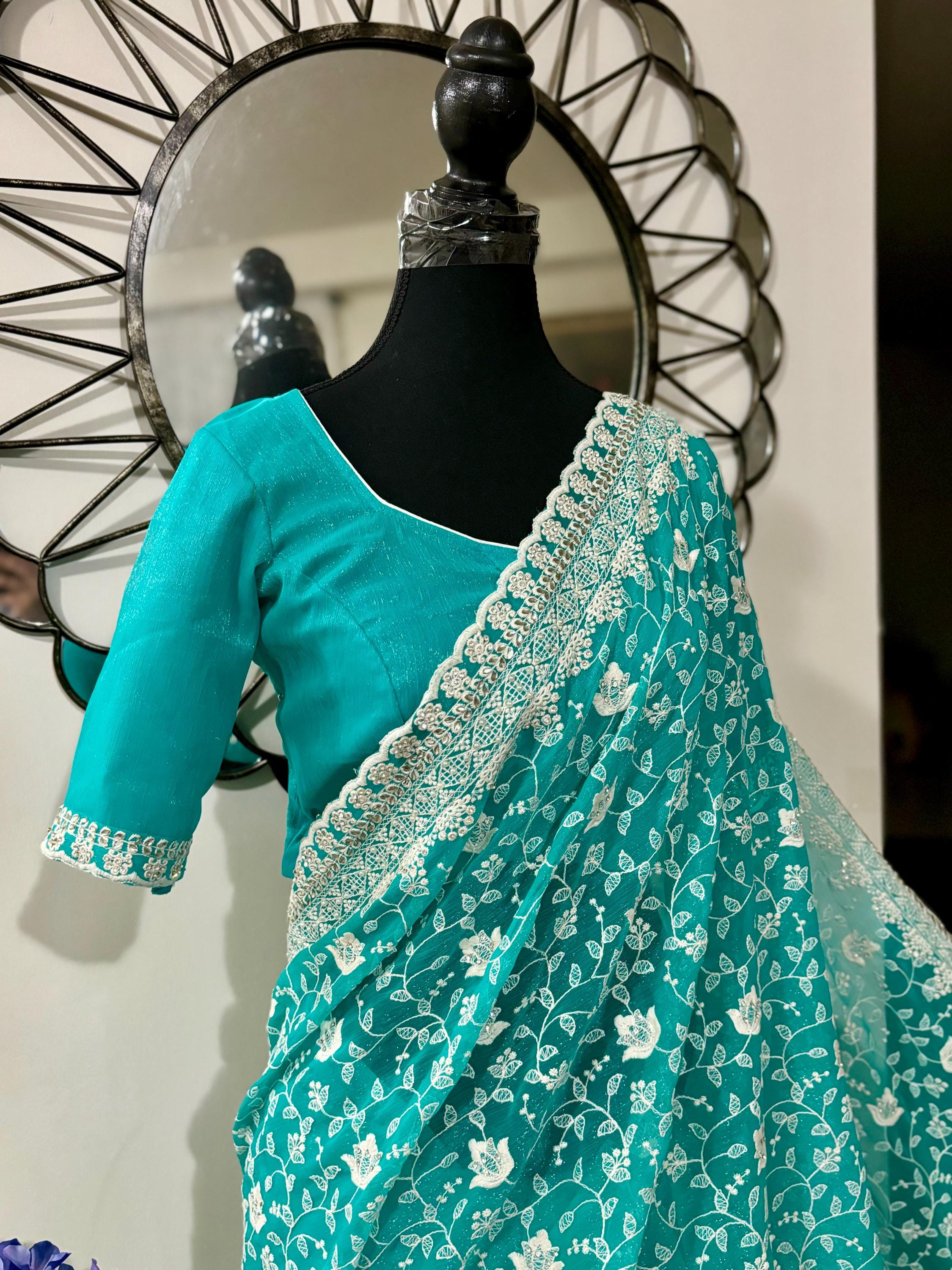 Beautiful shimmer georgett handloom georgette silk saree all over beautiful pearl and thread  weaving and beautiful boarder ready blouse