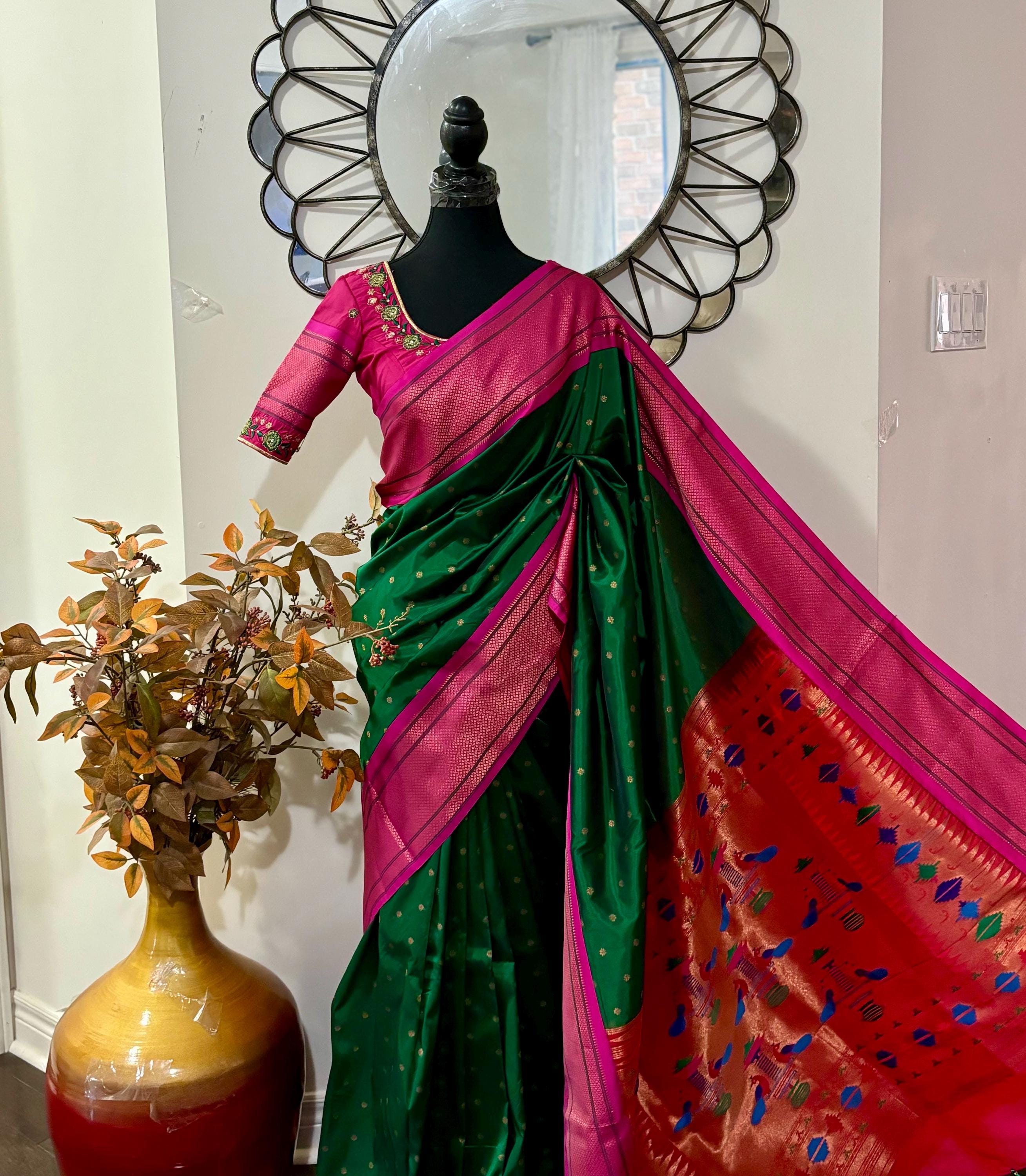 Beautiful pythani pure silk saree with   ready to wear beautiful  work blouse fits up to 32 to 46  purple  color, saree is ready to wear