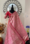 Beautiful banarasi silk saree paired up with beautiful embroidery blouse fits to 32 to 46 in beautiful rare colors all over jaal. Cocktails