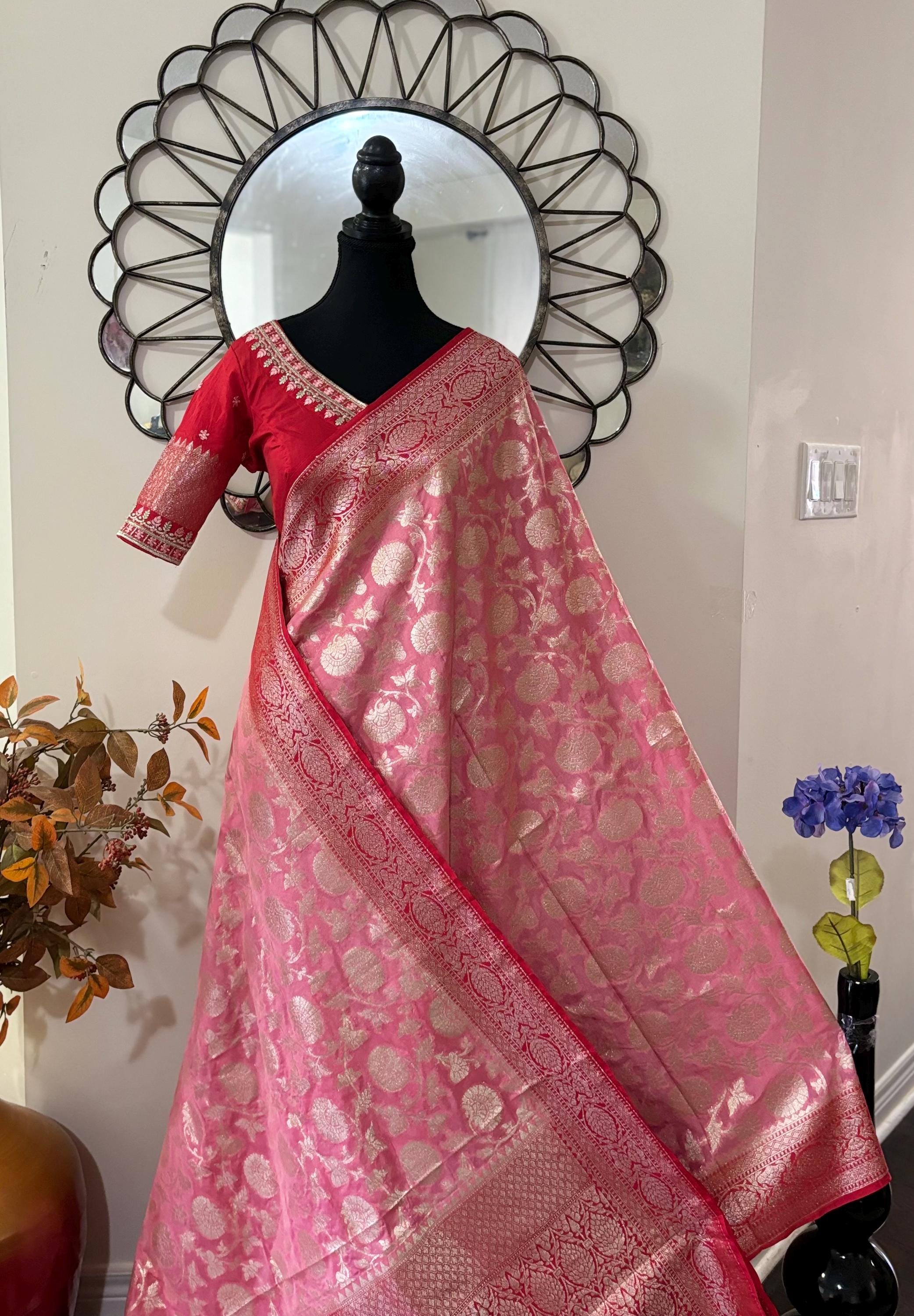 Beautiful banarasi silk saree paired up with beautiful embroidery blouse fits to 32 to 46 in beautiful rare colors all over jaal. Cocktails