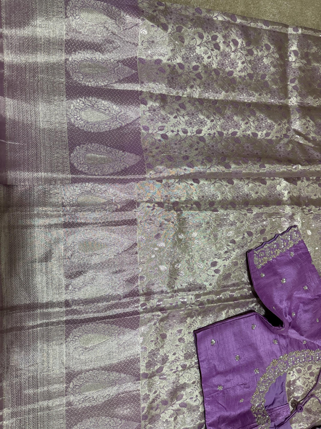 Kanchipuram tissu silk saree in rare colors with beautifully done hand  made embroidered blouse with ready to wear work blouse fits 32 to 46