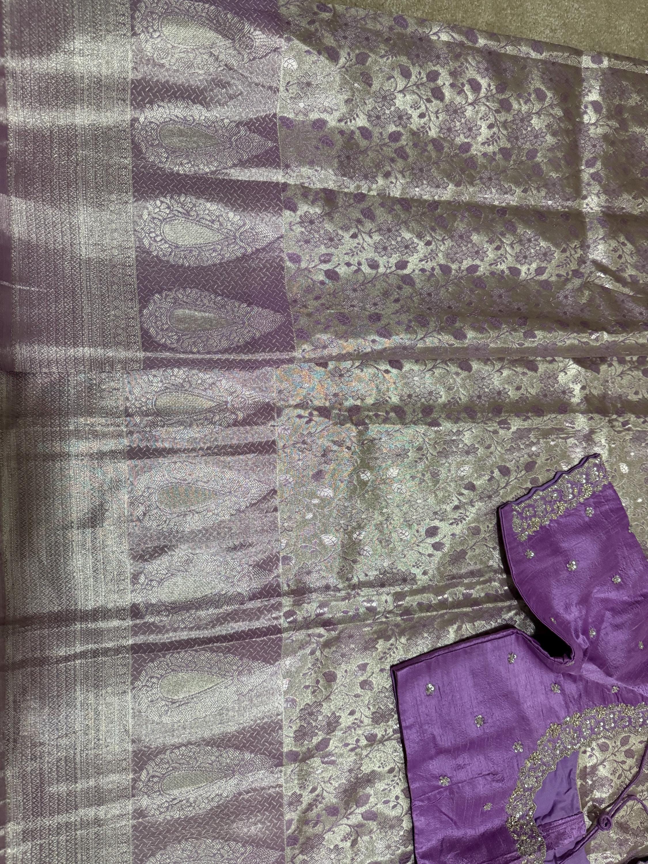 Kanchipuram tissu silk saree in rare colors with beautifully done hand  made embroidered blouse with ready to wear work blouse fits 32 to 46