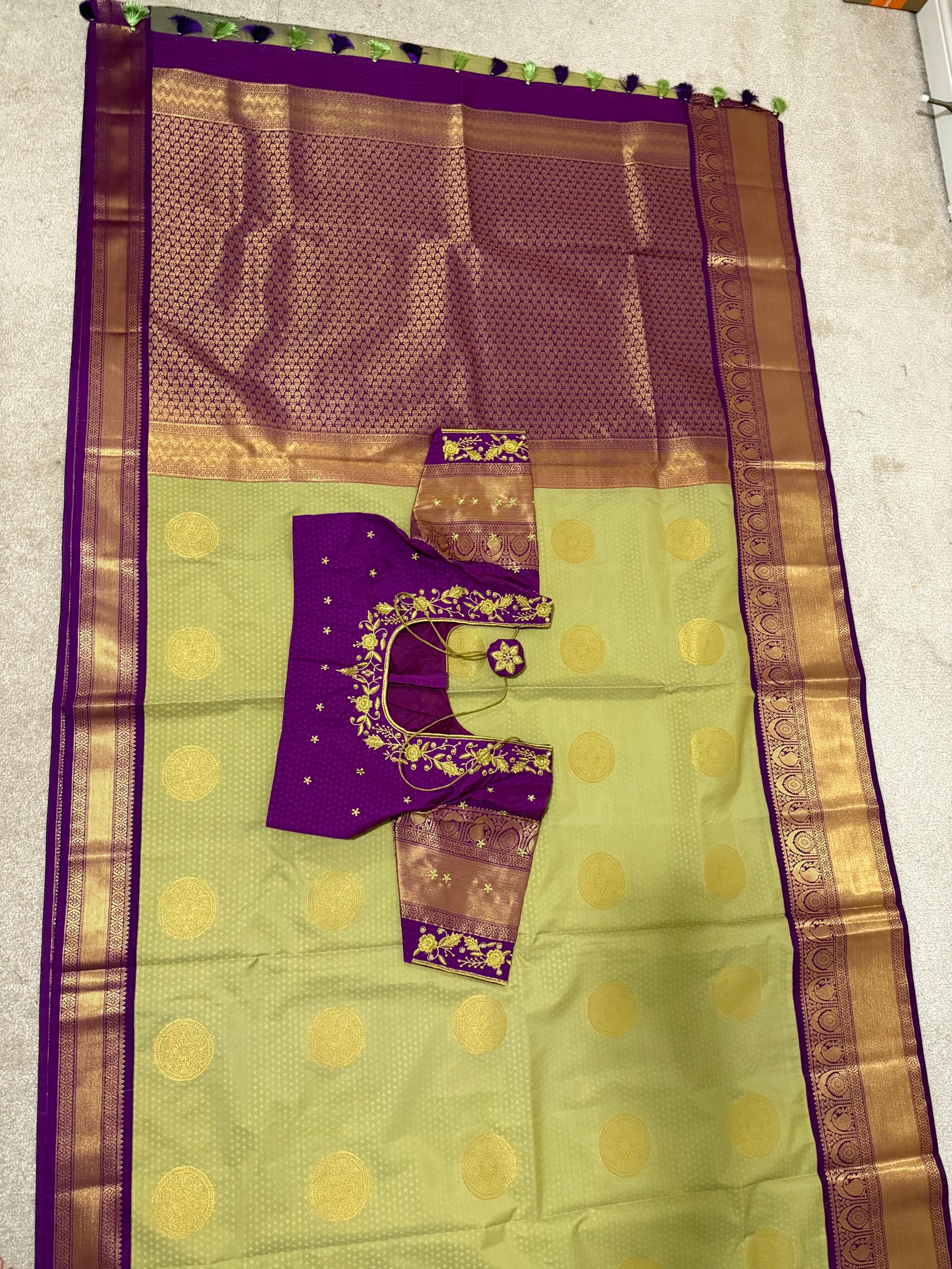 Kanchipuram soft silk saree in rare colors with beautifully done hand  made embroidered blouse with ready to wear work blouse fits 32 to 46