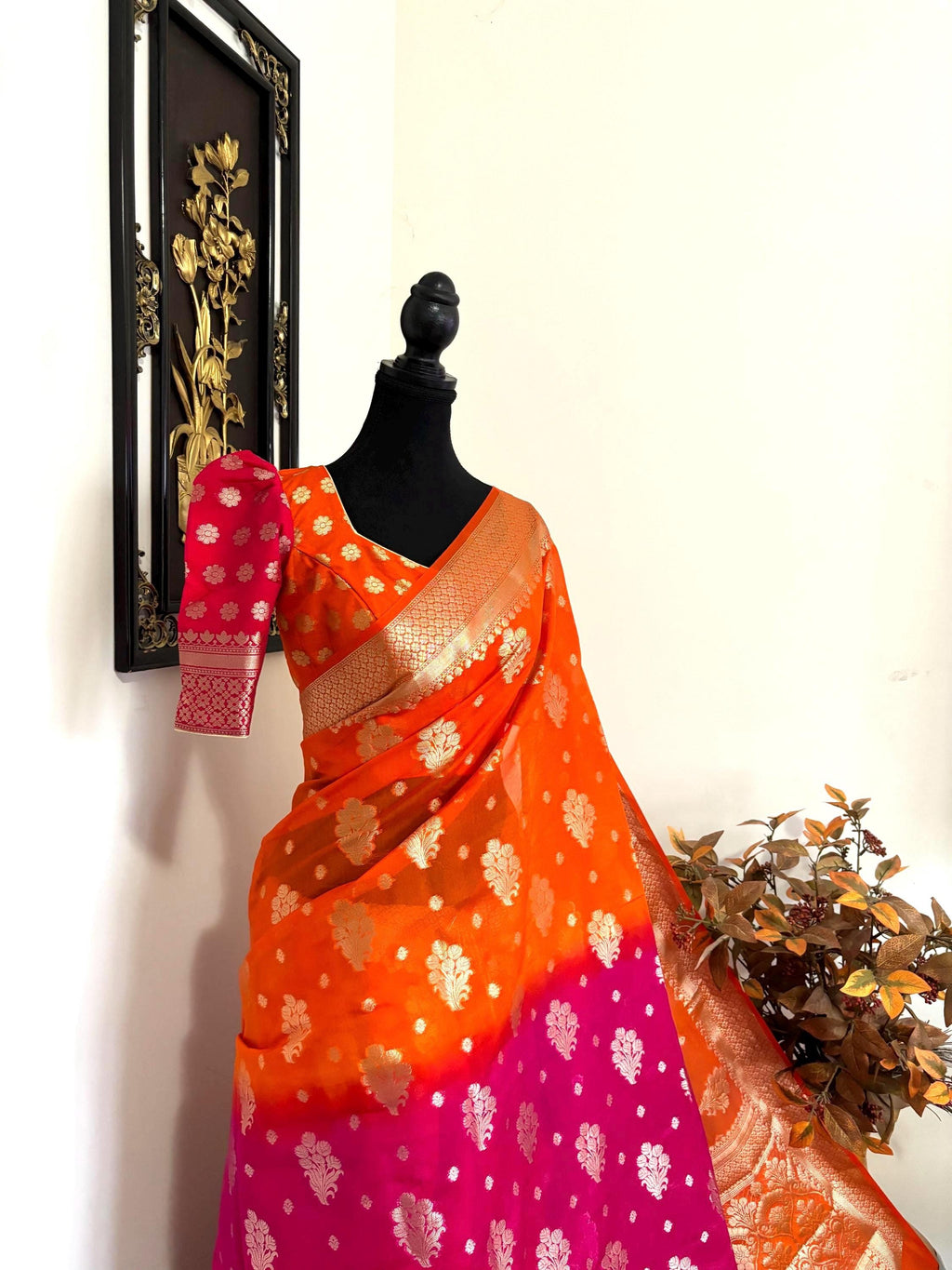 Beautiful Banarasi Dual shade  handloom khadi georgette silk saree all over beautiful water zari weaving work all over  32-46 Ready Blouse