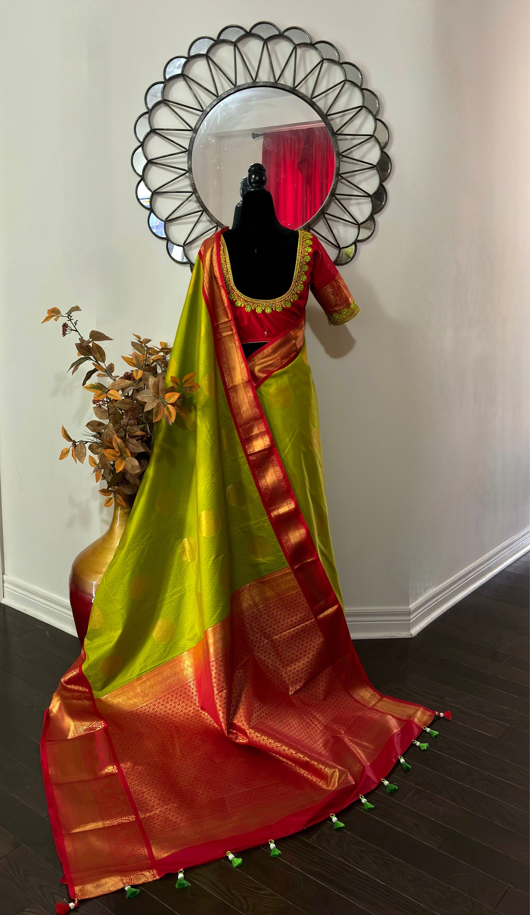 Kanchipuram soft silk saree in rare colors with beautifully done hand  made embroidered blouse with ready to wear work blouse fits 32 to 46