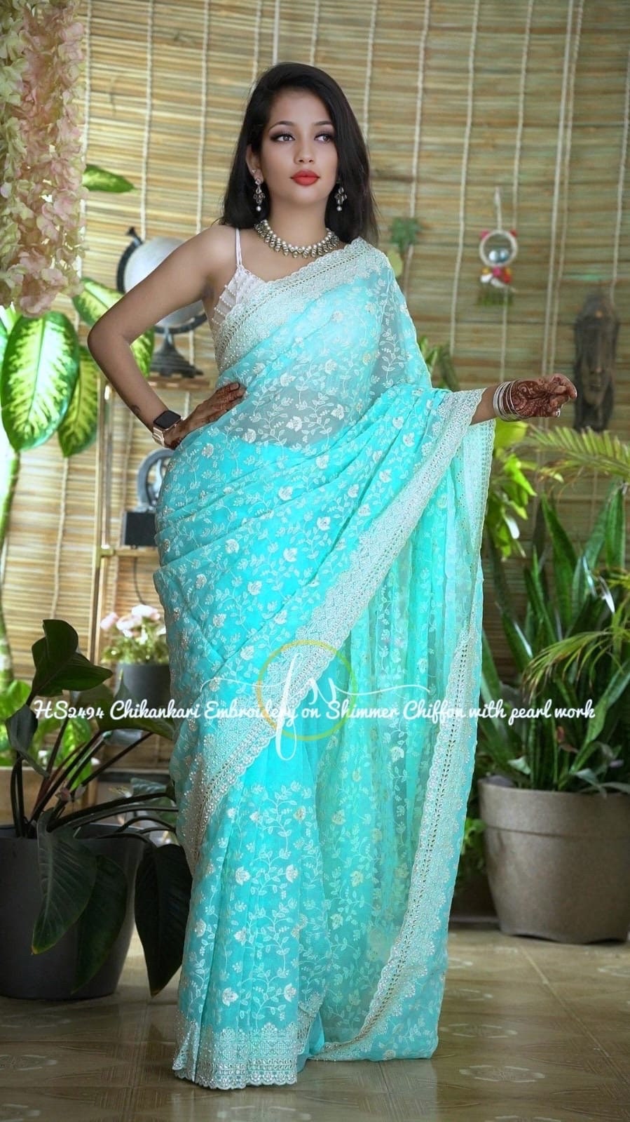 Stunning shimmer georgette saree with Chikenkari work ask seller for availability before placing the order