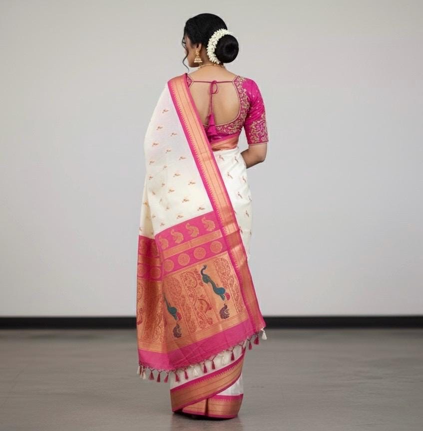 Beautiful soft white and pink paithani silk saree with all over zari weaving along with handwork on blouse