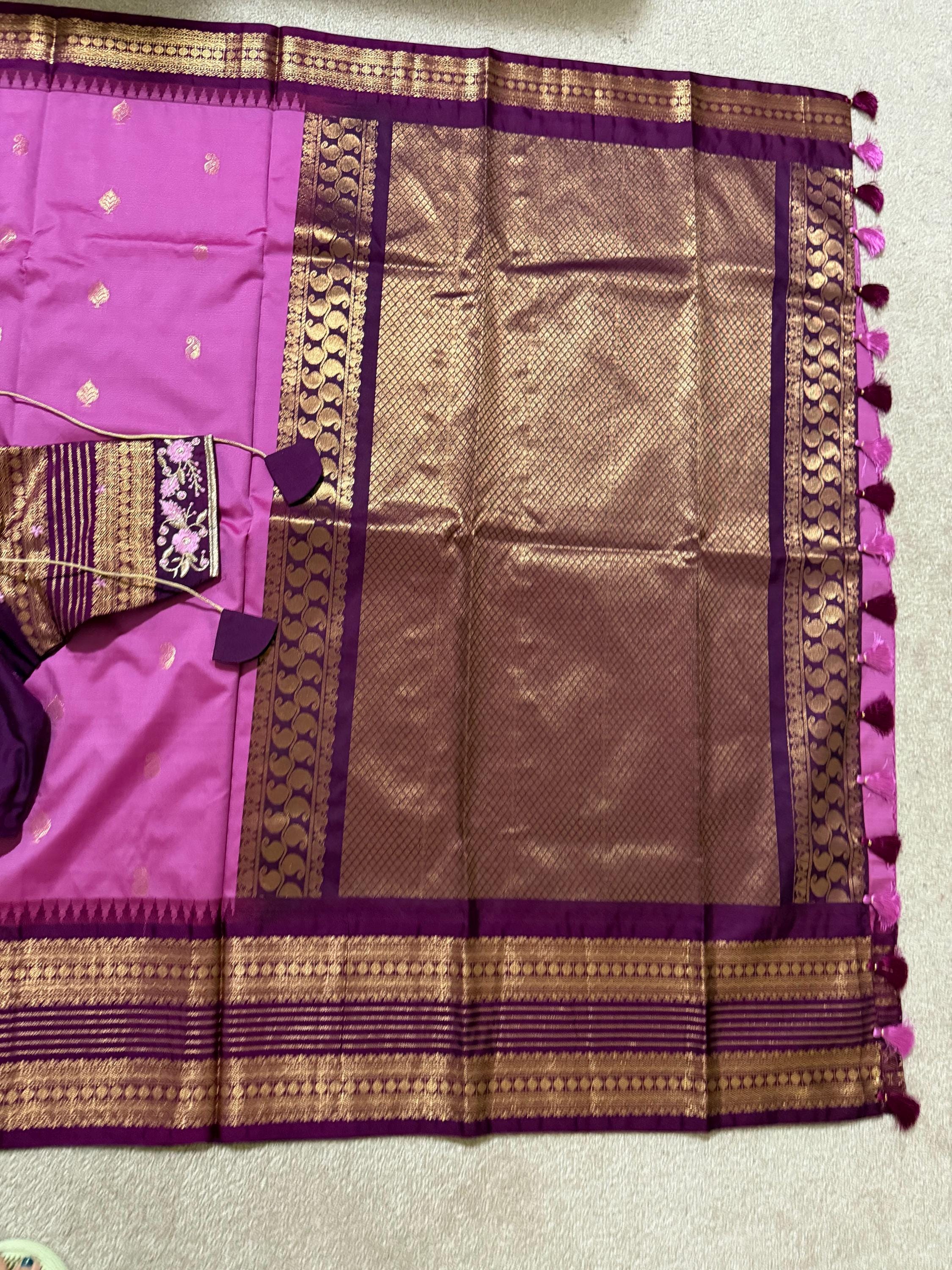 Gadwal Handloom pure silk sarees in rare colors and ready to wear blouse with embroidered blouse fits up to 32 -46 saree is ready fall pico