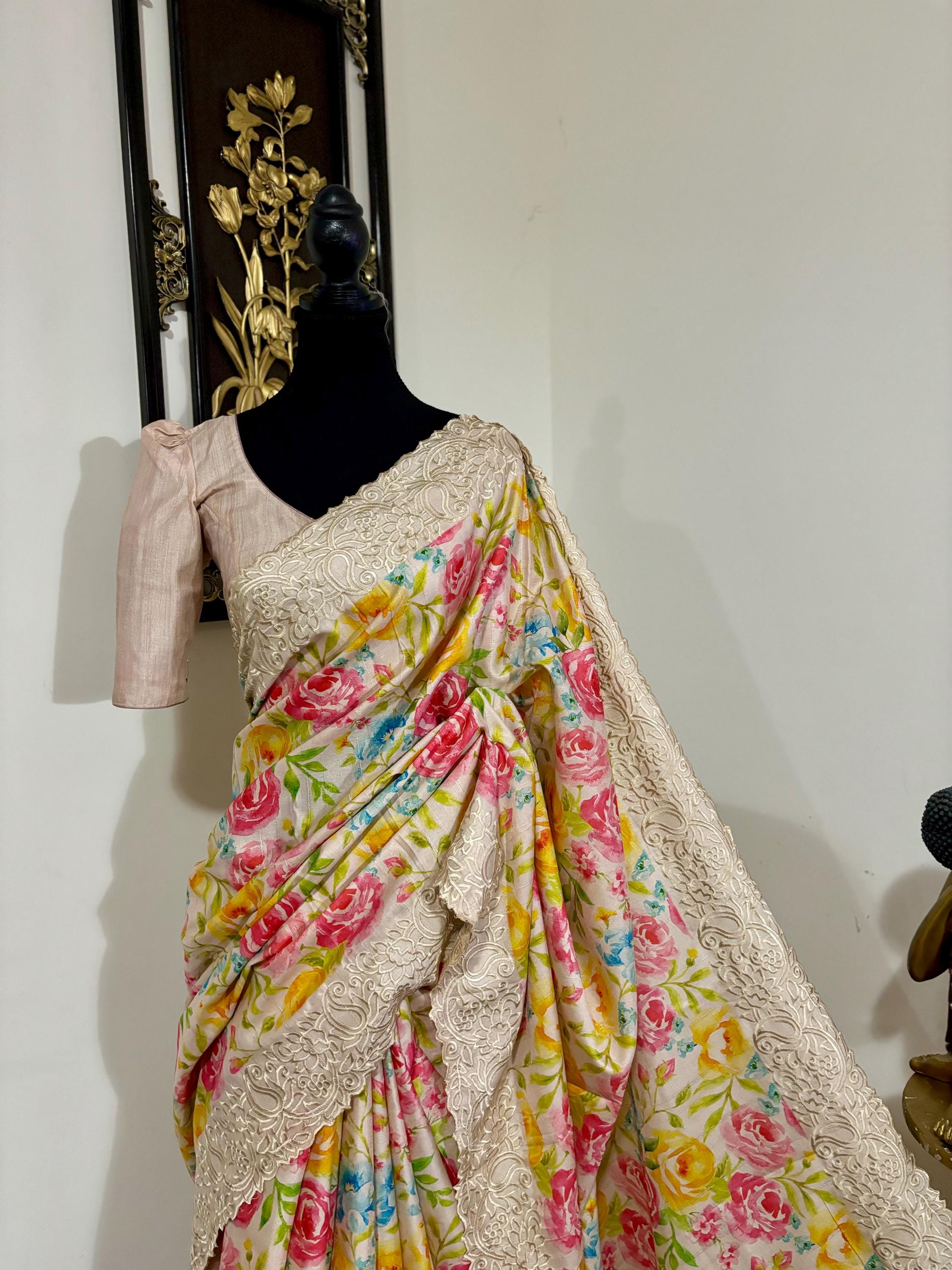 Light weight easy to drape Soft Silk fancy Saree; with beautiful pythani boarder, with Pochampalli design ready to wear Blouse fits 32-46