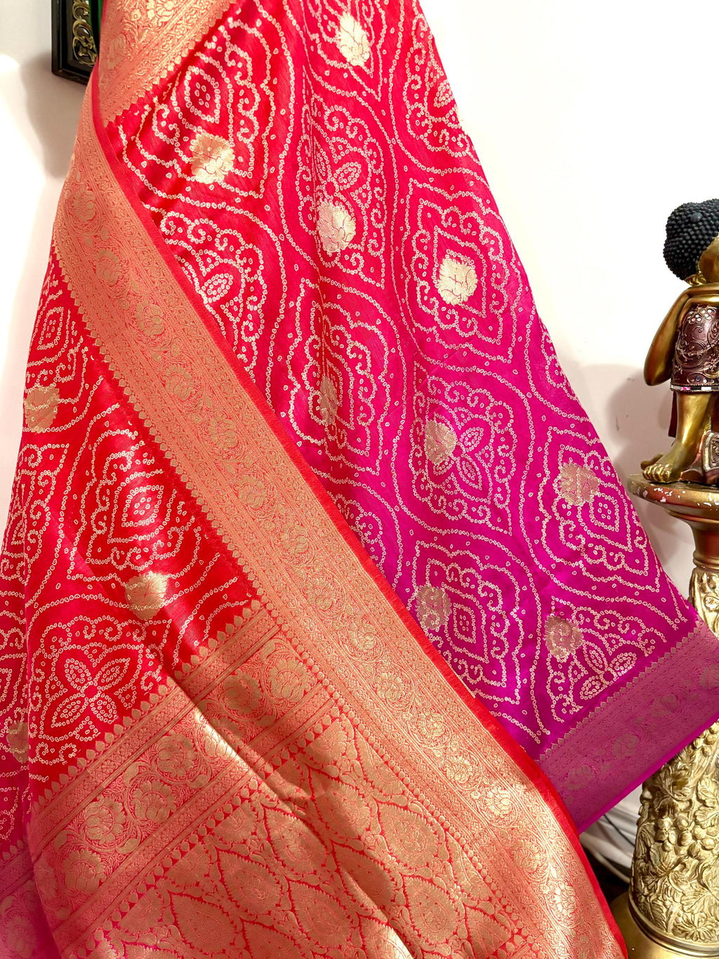 Beautiful cocktail dual shade  bandini silk saree paired up pretty maggam blouse fits  sizes 32 -46 ready to wear prettiest blouse