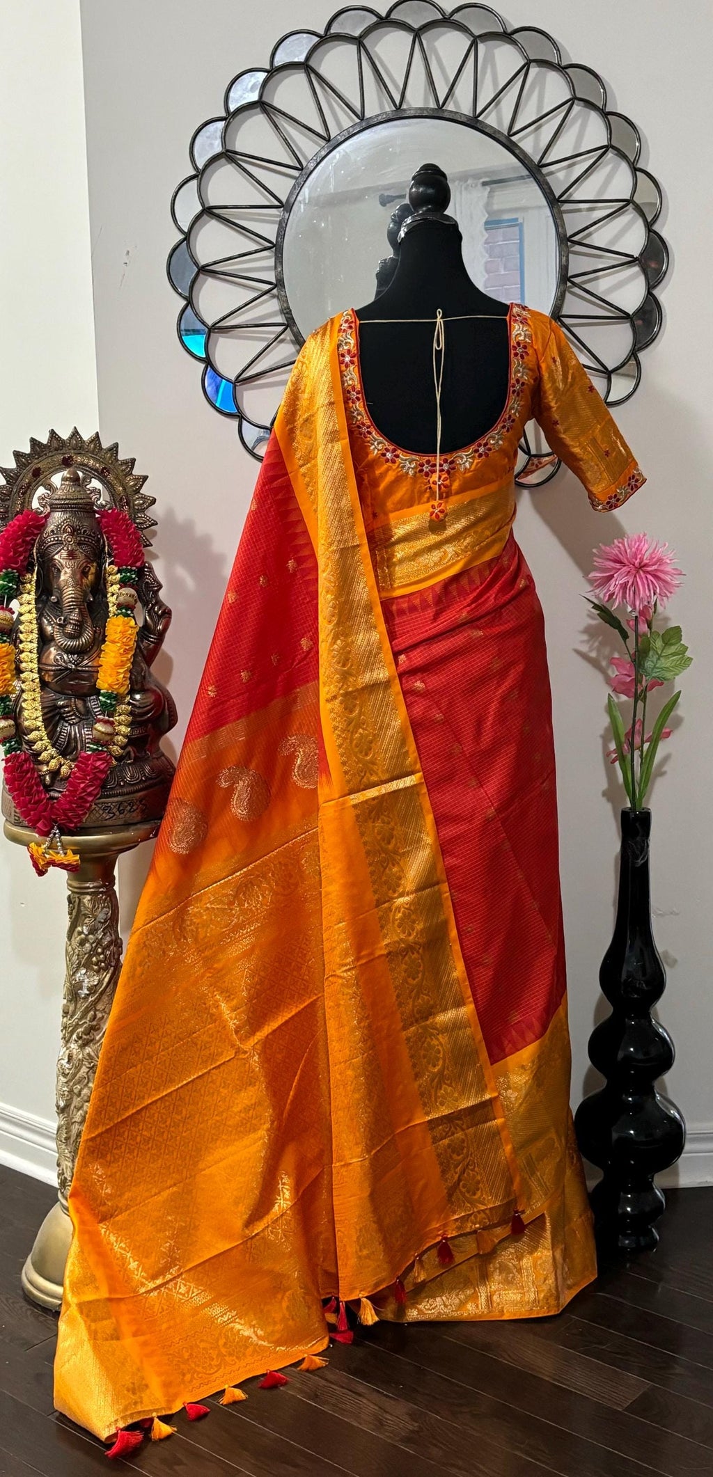 Gadwal Handloom pure silk sarees in Orange/yellow, ready to wear blouse with embroidered blouse fits up to 32 -46 saree is ready fall pico