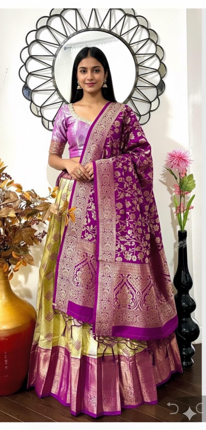 Beautiful colors Kanchi pattu Lihanga with beautiful Kanchi boarder is made of Handloom cloths ready with ready to wear blouse sizes 32 - 48